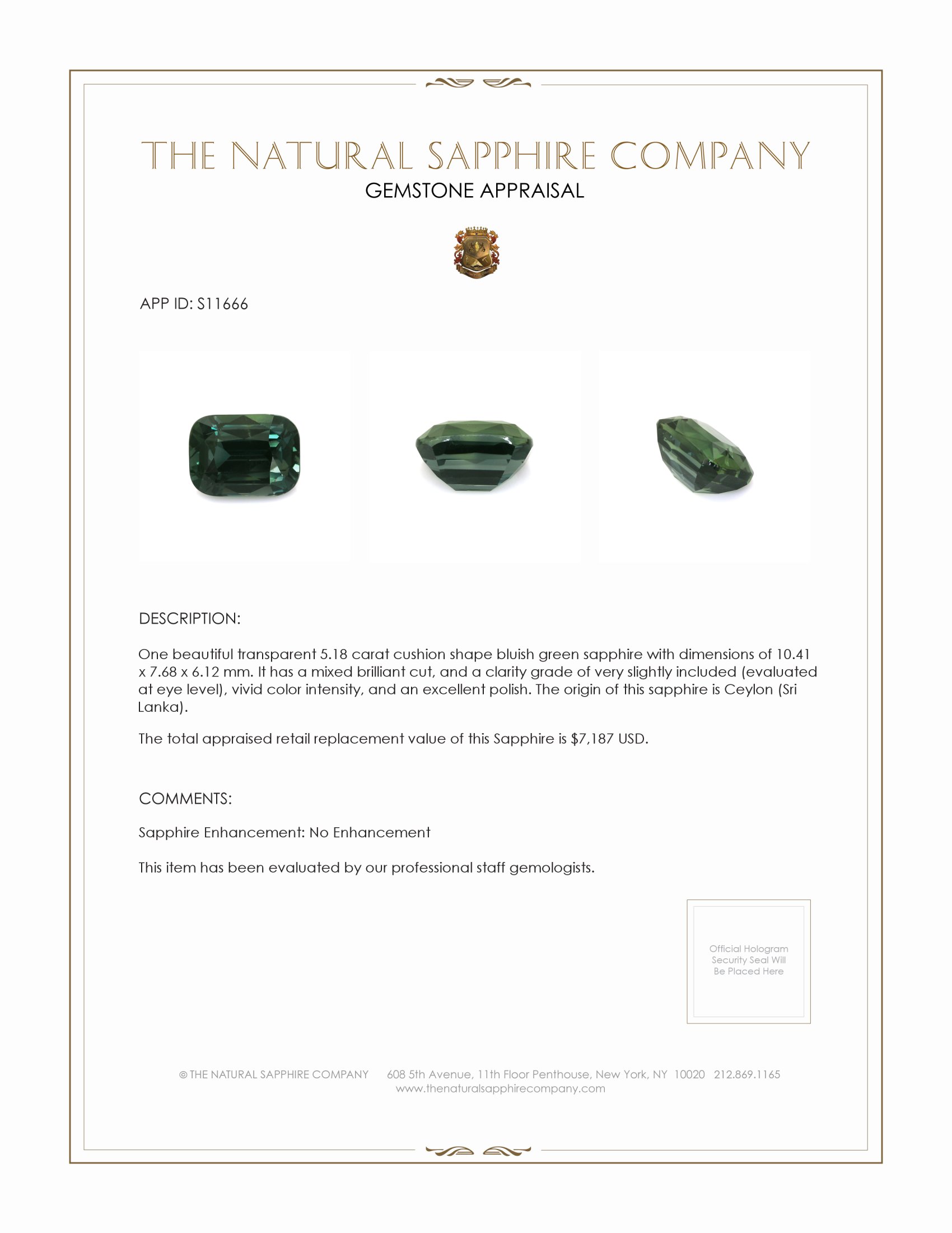 5.18 Ct. Bluish Green Sapphire from Ceylon (Sri Lanka)