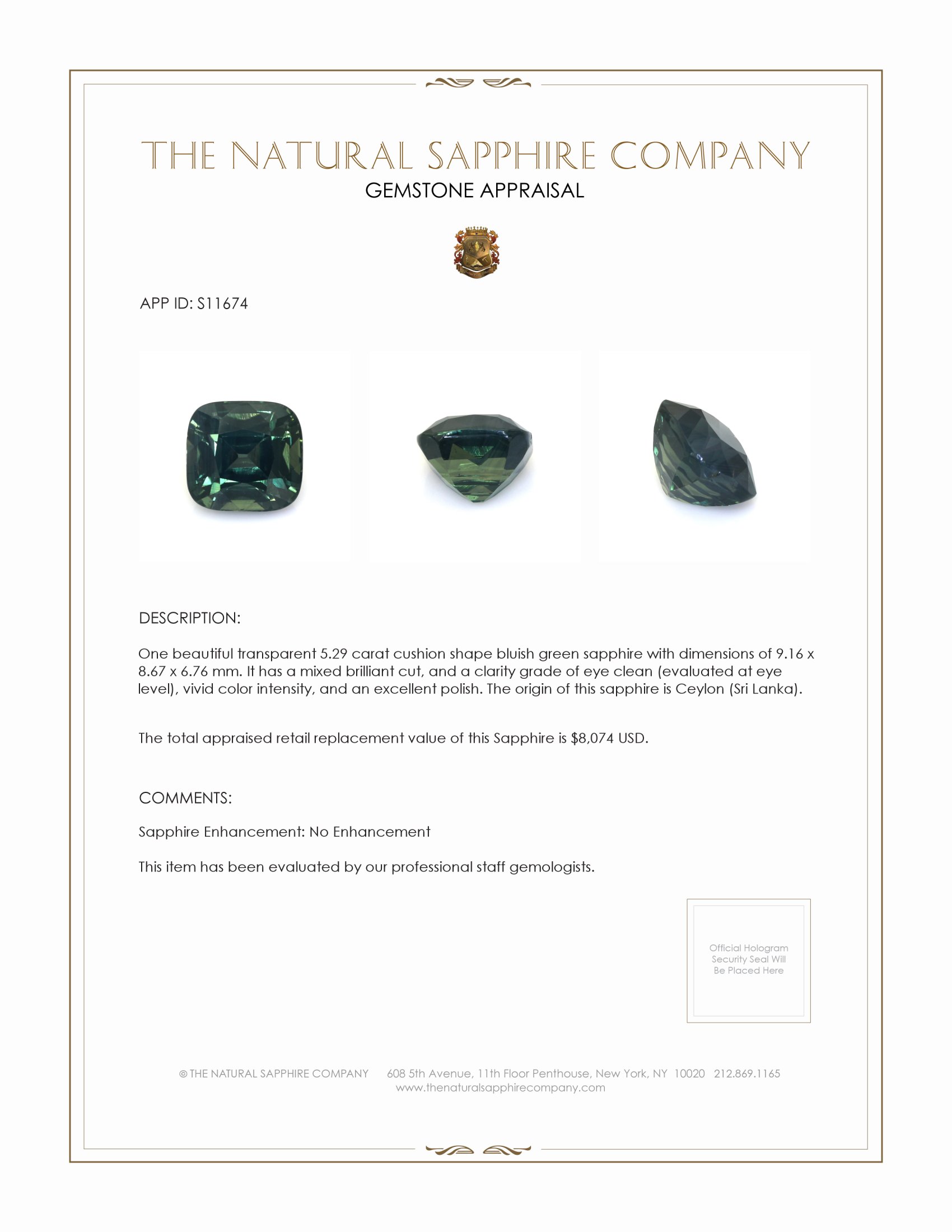 5.29 Ct. Bluish Green Sapphire from Ceylon (Sri Lanka)