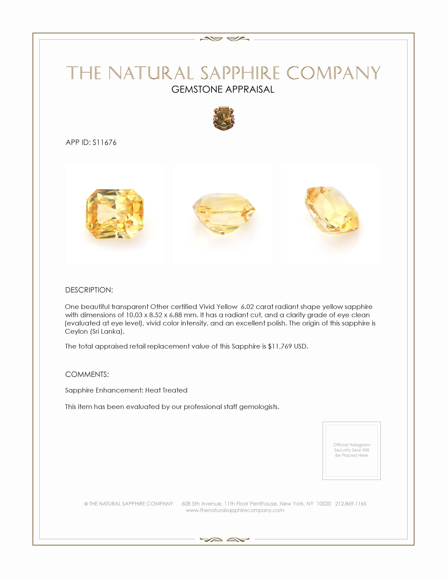 6.02 Ct. Yellow Sapphire from Ceylon (Sri Lanka)