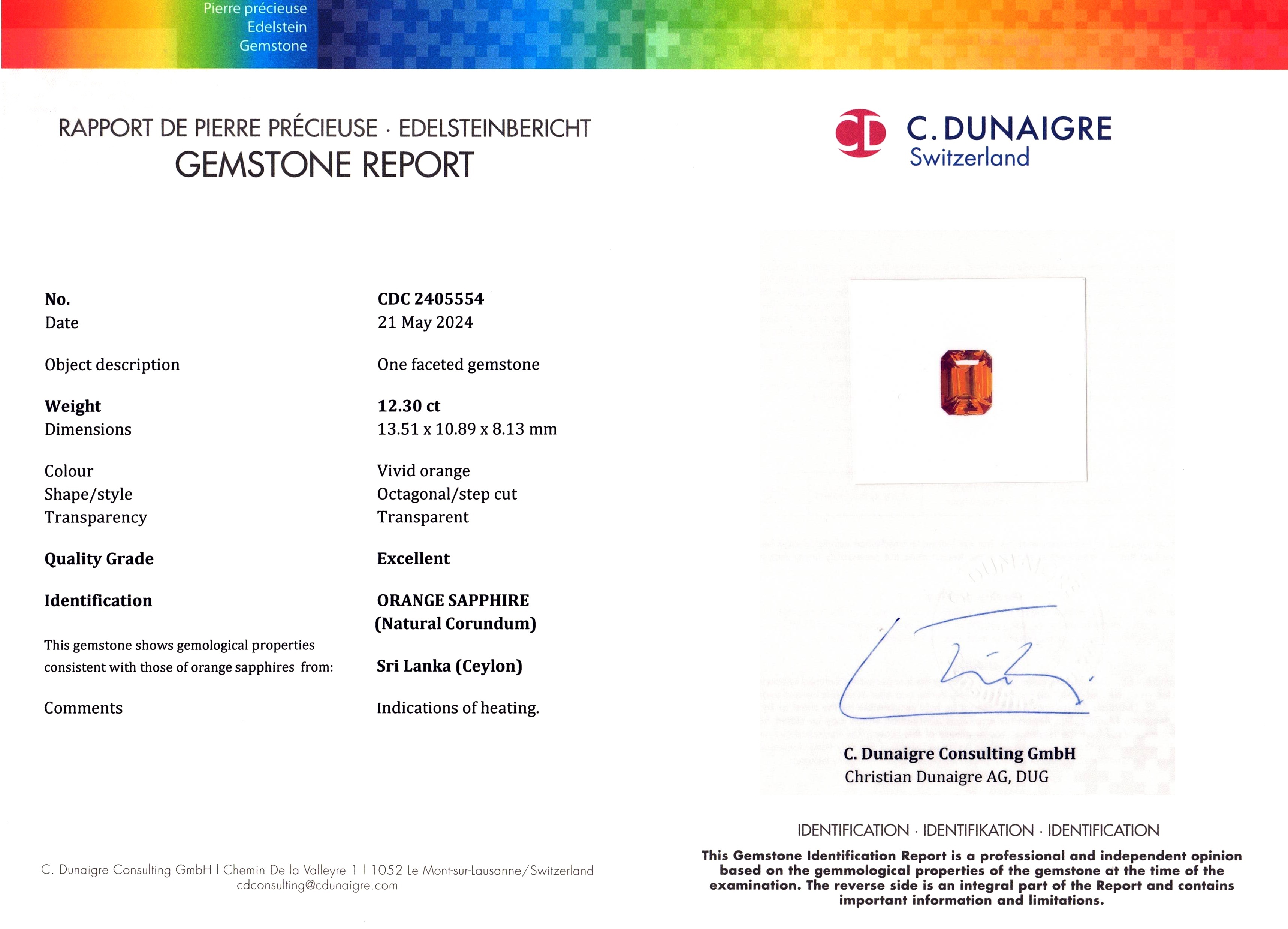 12.30 Ct. Orange Sapphire from Ceylon (Sri Lanka)