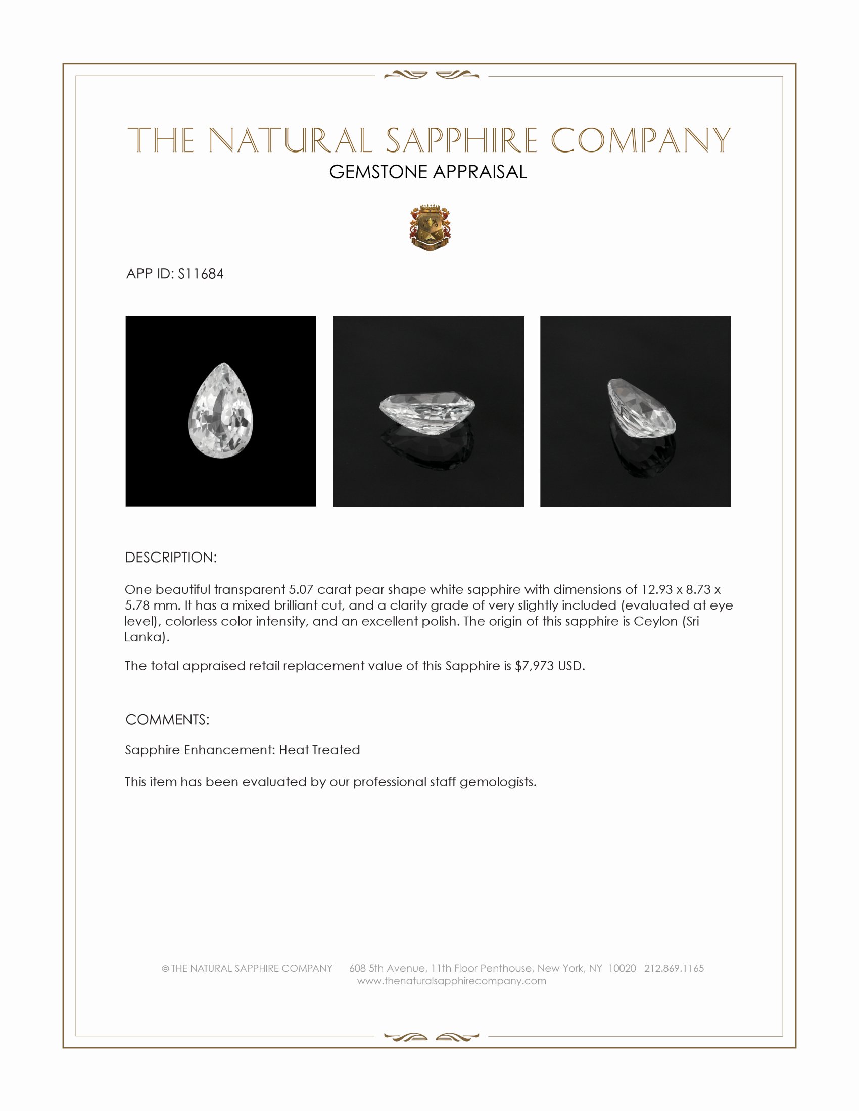 5.07 Ct. White Sapphire from Ceylon (Sri Lanka)