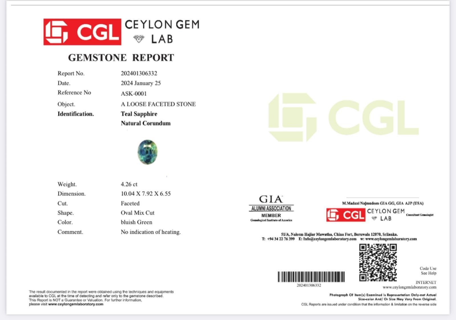 4.24 Ct. Bluish Green Sapphire from Madagascar