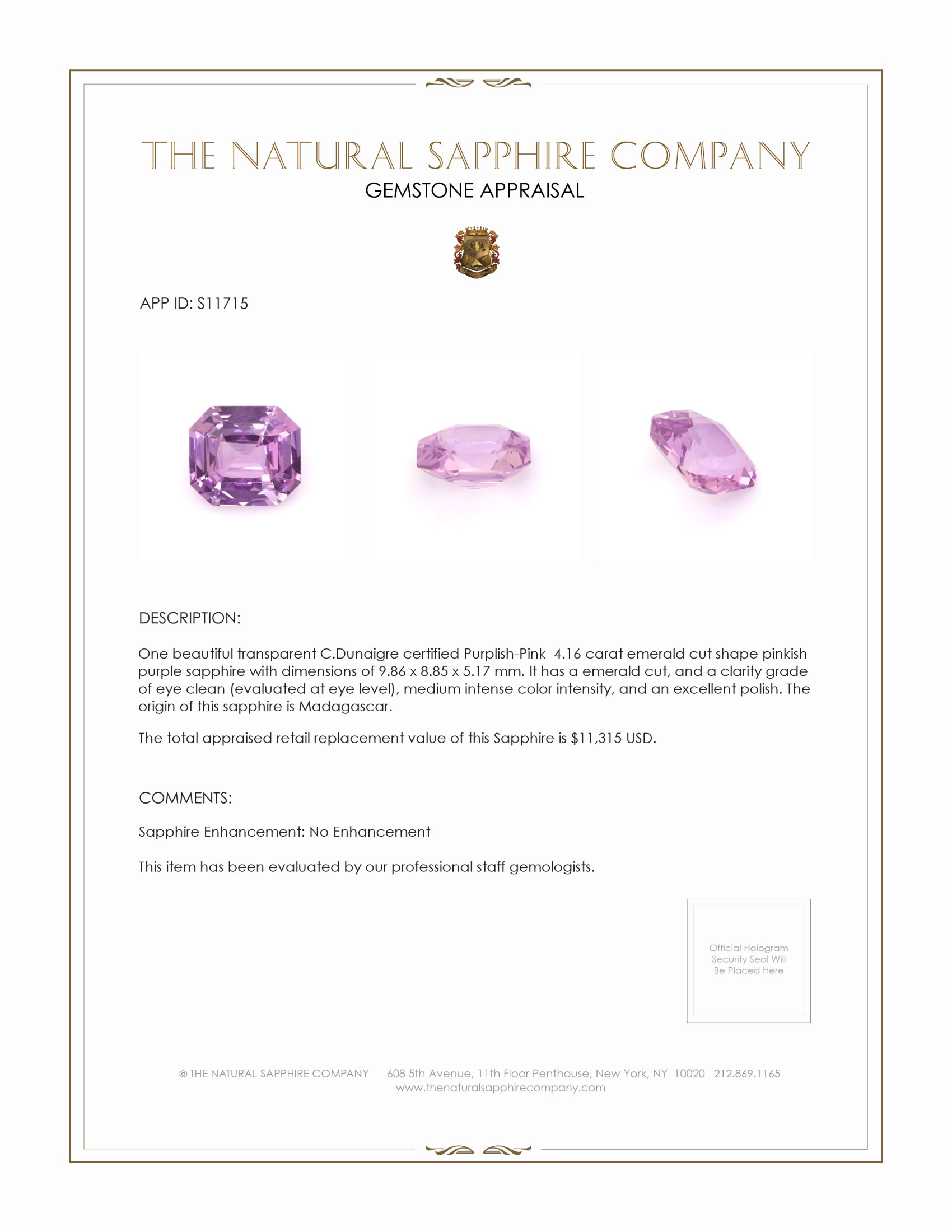 4.16 Ct. Pinkish Purple Sapphire from Madagascar
