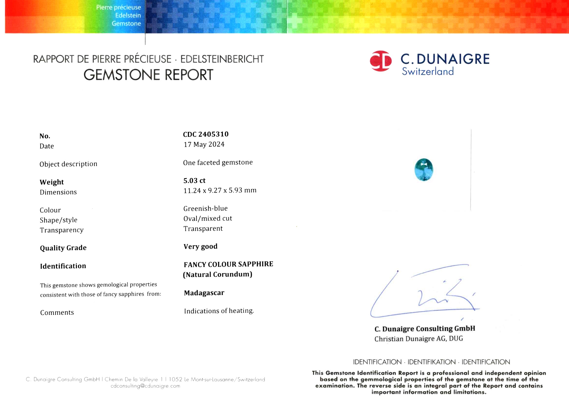 5.03 Ct. Bluish Green Sapphire from Ceylon (Sri Lanka)