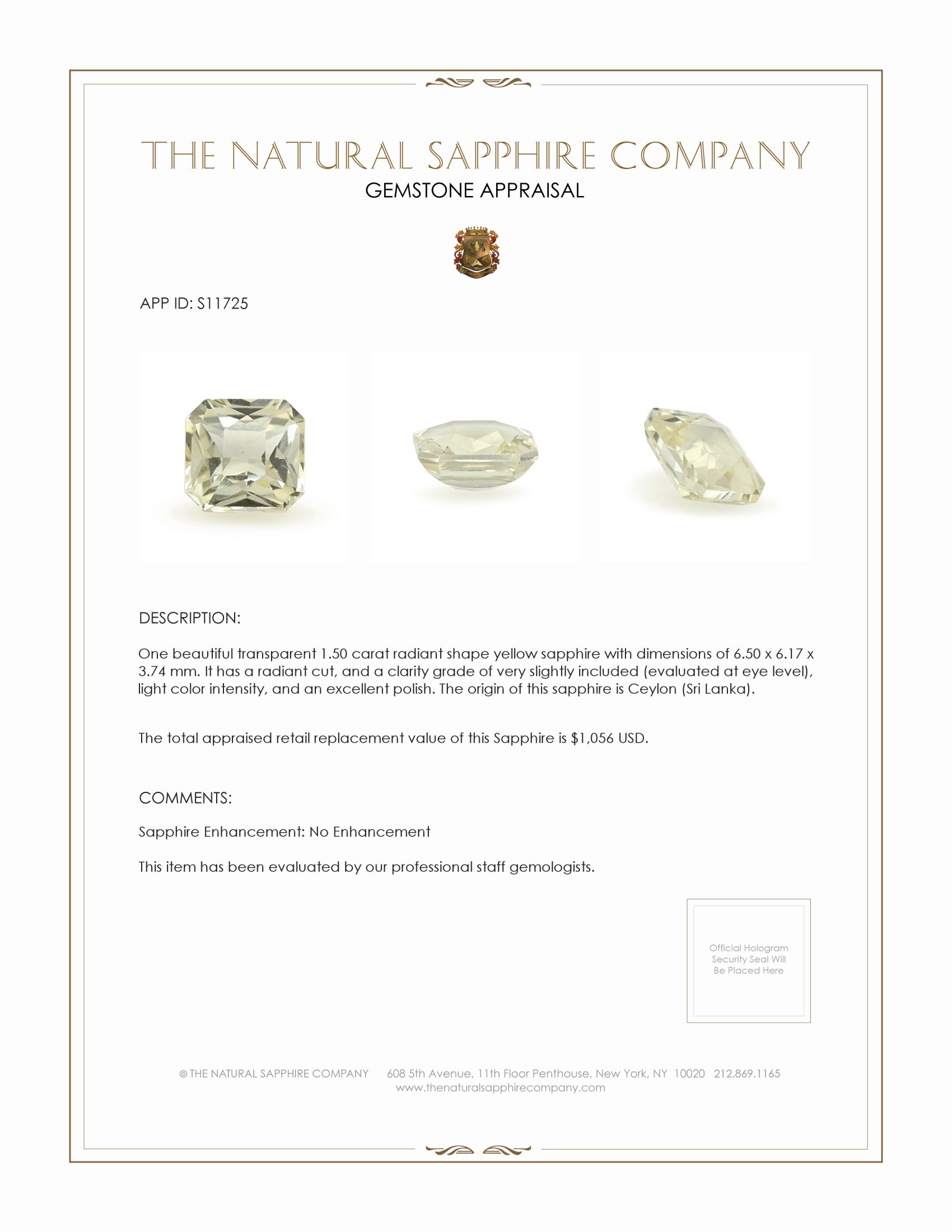 1.50 Ct. Yellow Sapphire from Ceylon (Sri Lanka)