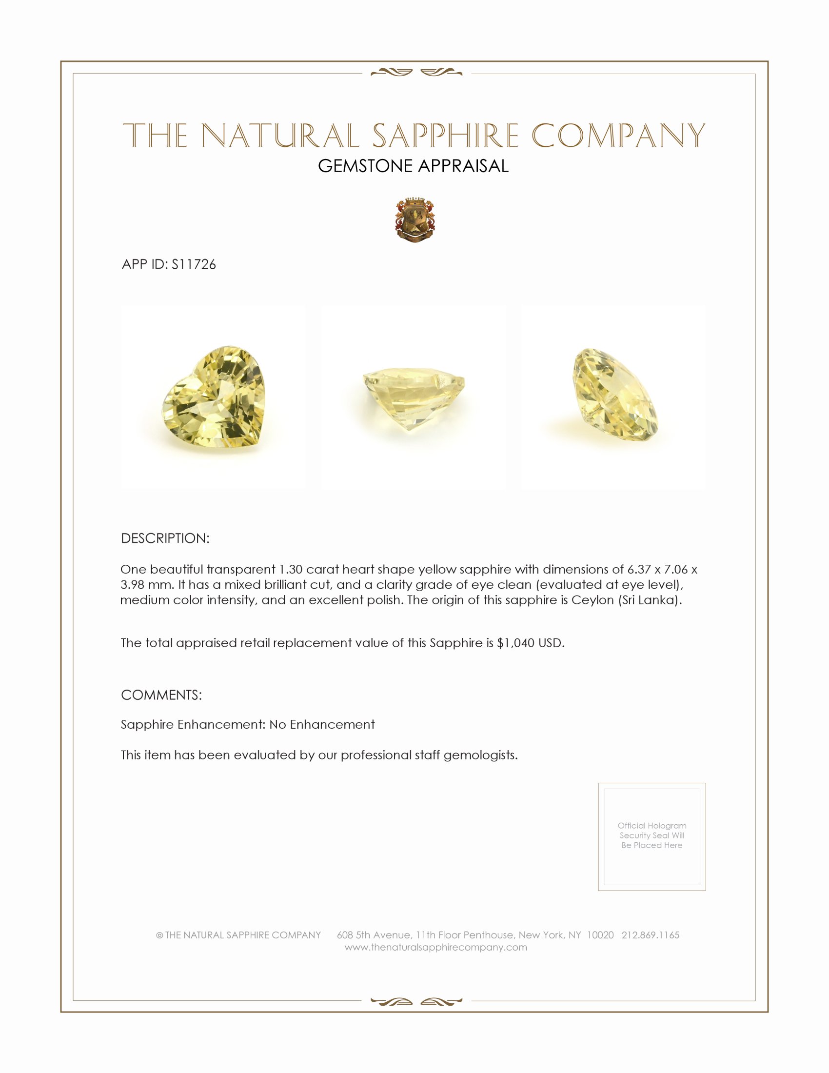 1.30 Ct. Yellow Sapphire from Ceylon (Sri Lanka)