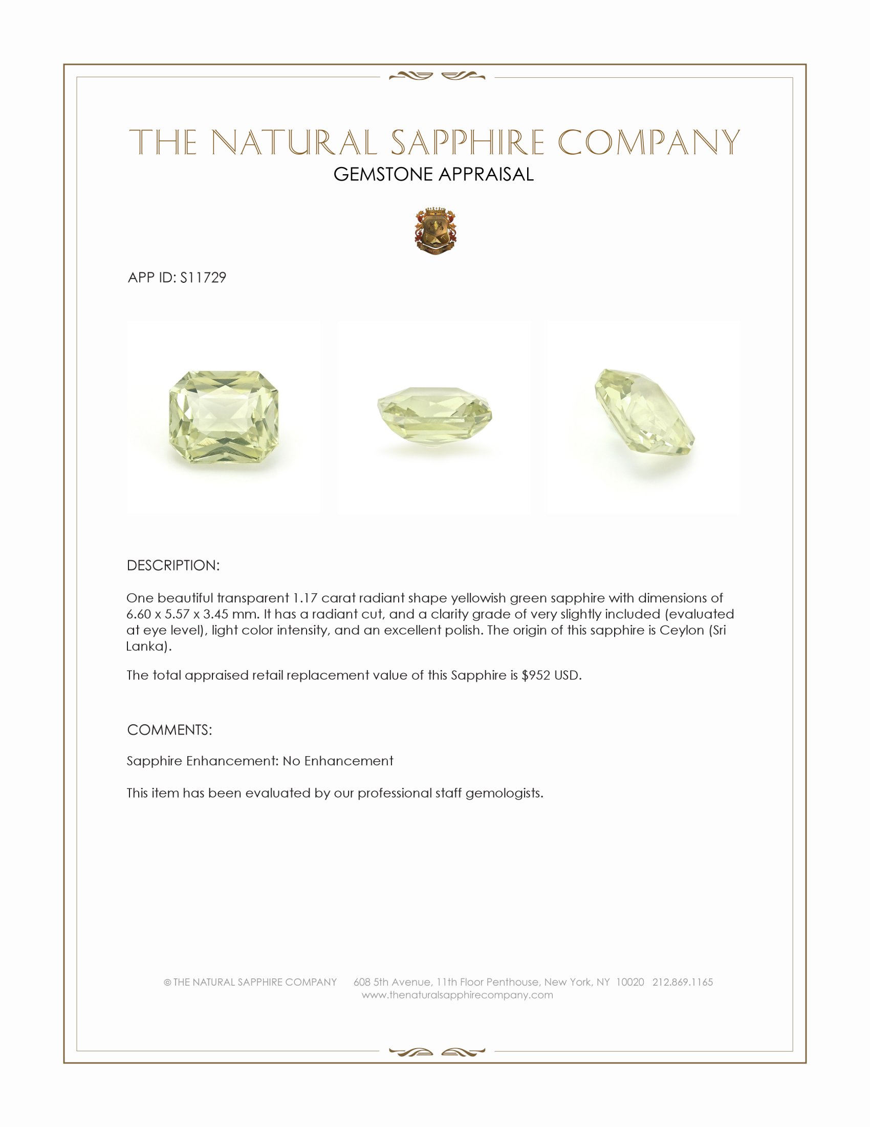 1.17 Ct. Yellowish Green Sapphire from Ceylon (Sri Lanka)