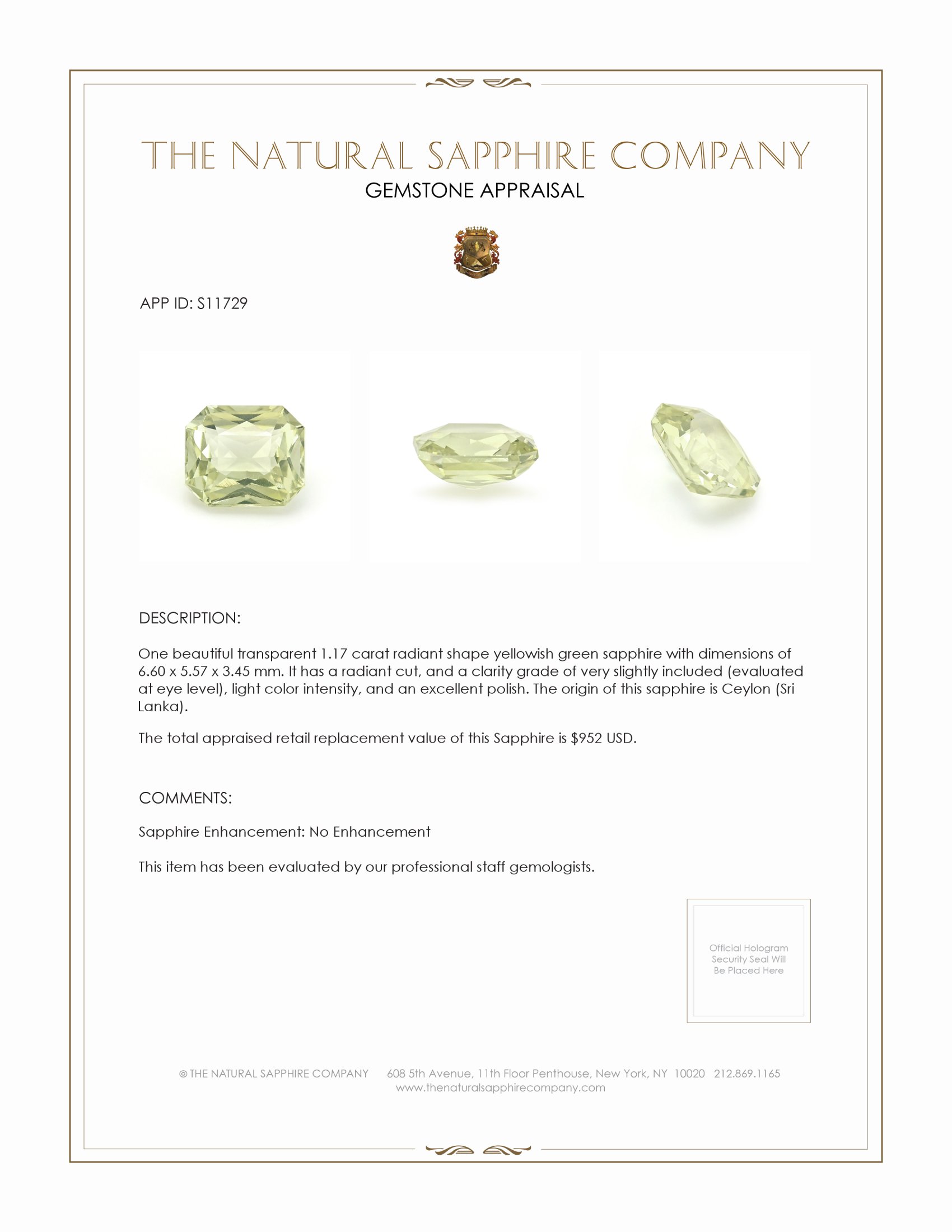 1.17 Ct. Yellowish Green Sapphire from Ceylon (Sri Lanka)