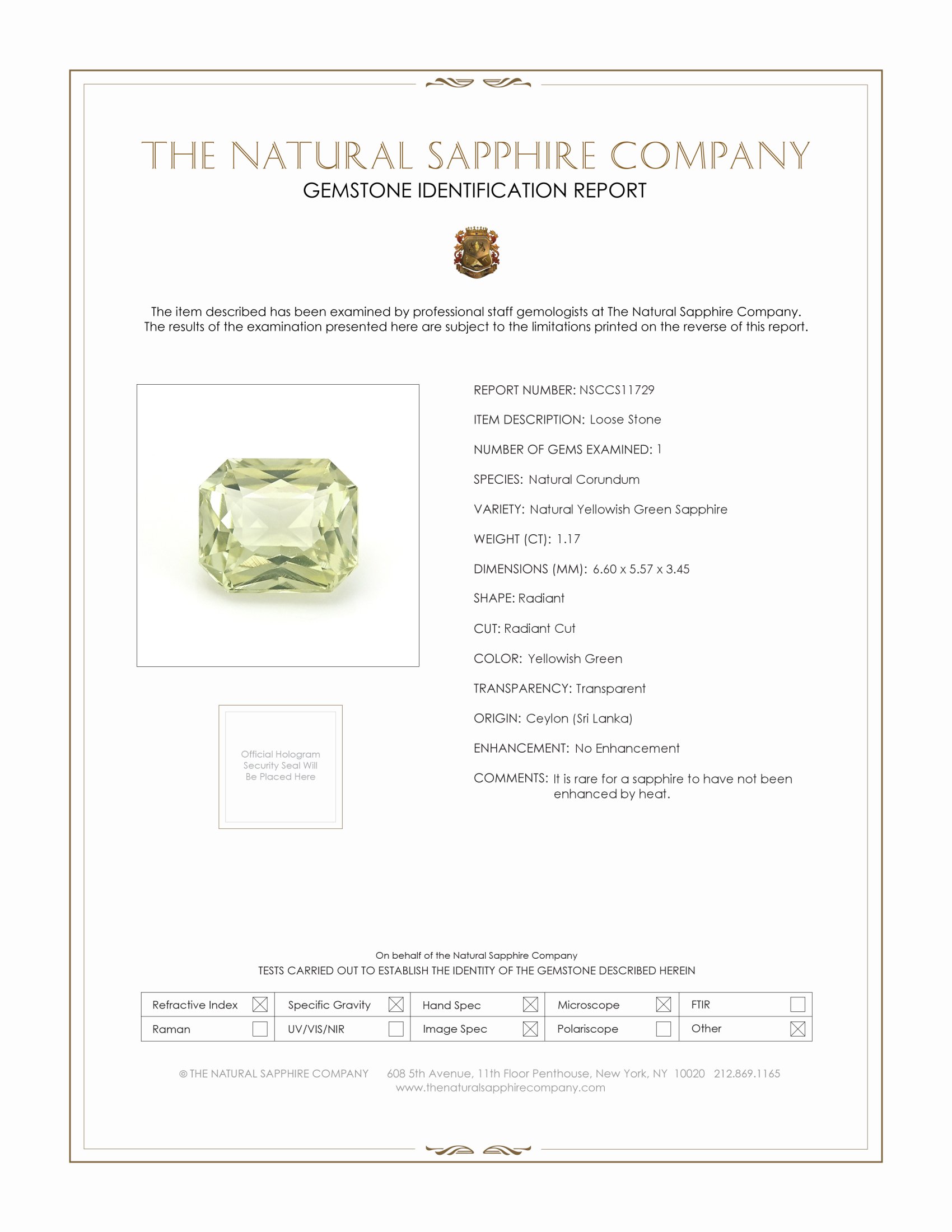 1.17 Ct. Yellowish Green Sapphire from Ceylon (Sri Lanka)