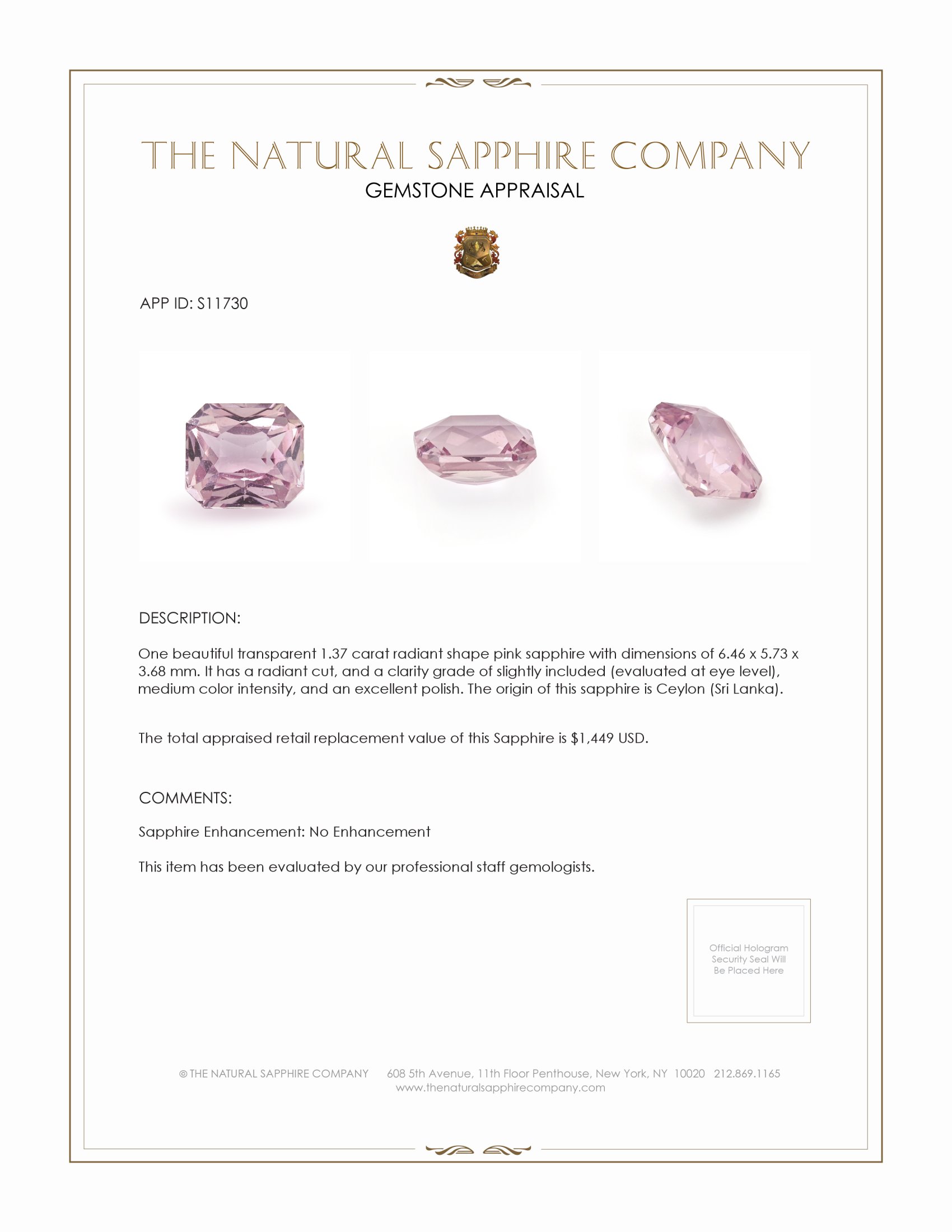 1.37 Ct. Pink Sapphire from Ceylon (Sri Lanka)