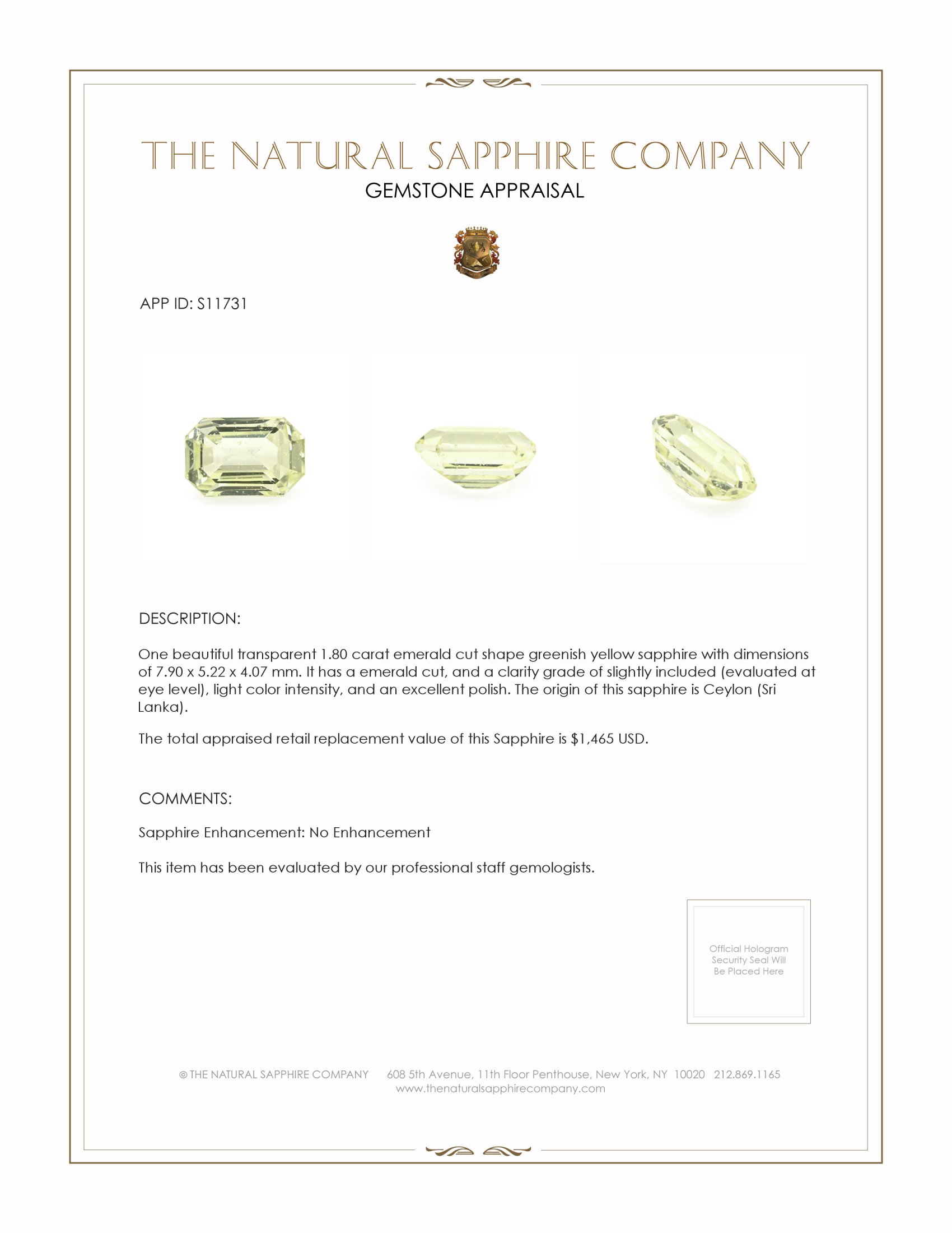 1.80 Ct. Greenish Yellow Sapphire from Ceylon (Sri Lanka)