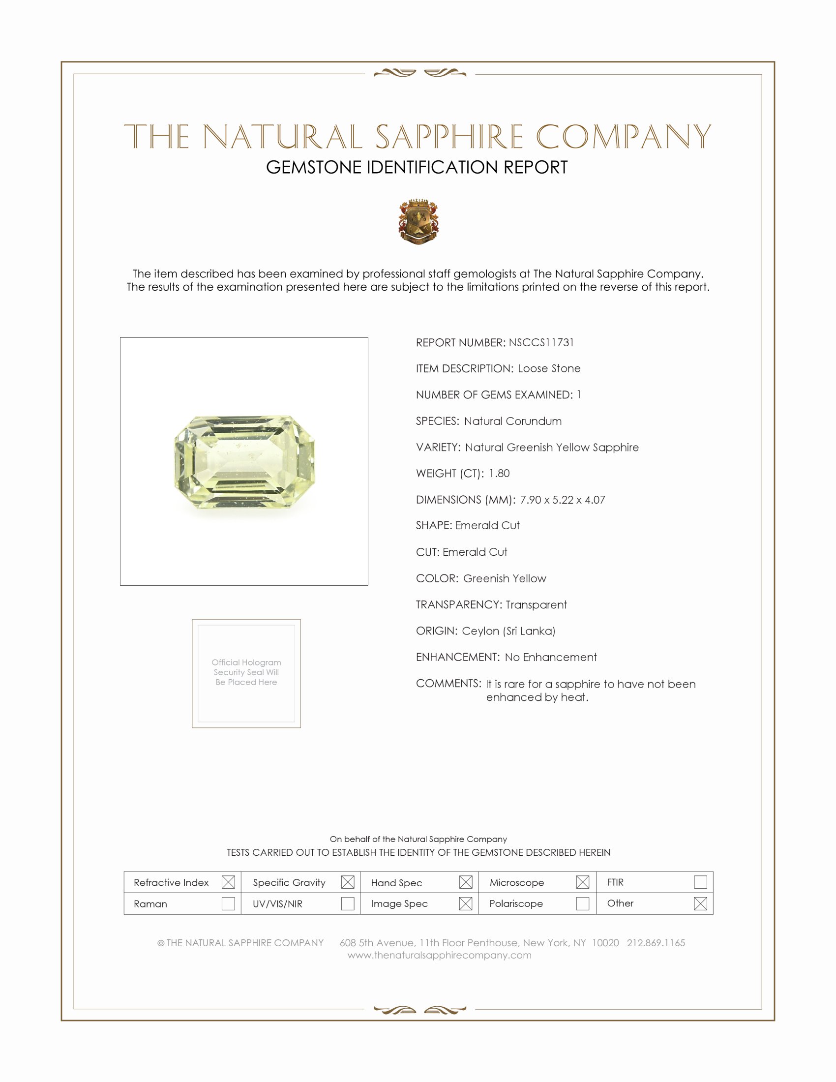 1.80 Ct. Greenish Yellow Sapphire from Ceylon (Sri Lanka)
