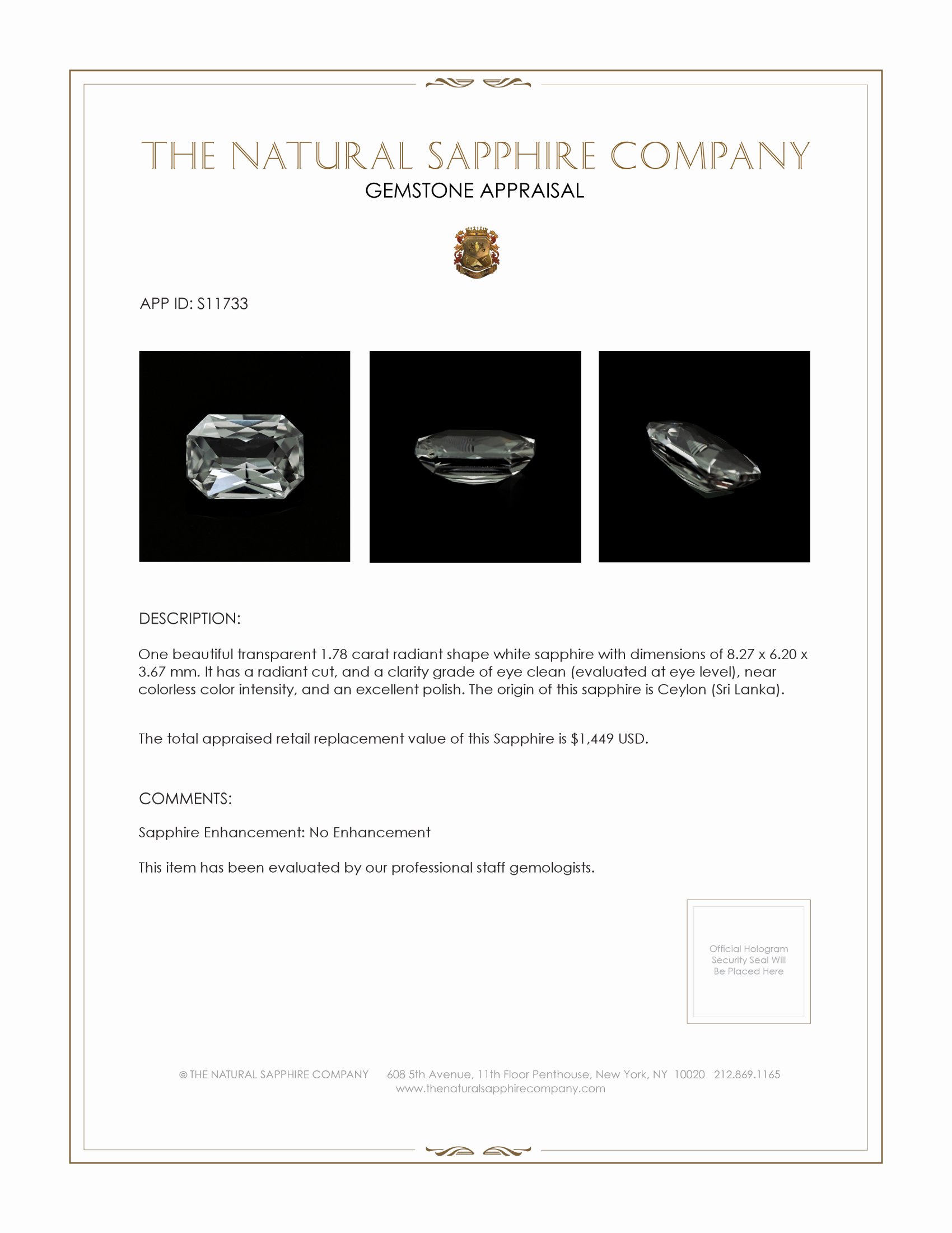 1.78 Ct. White Sapphire from Ceylon (Sri Lanka)