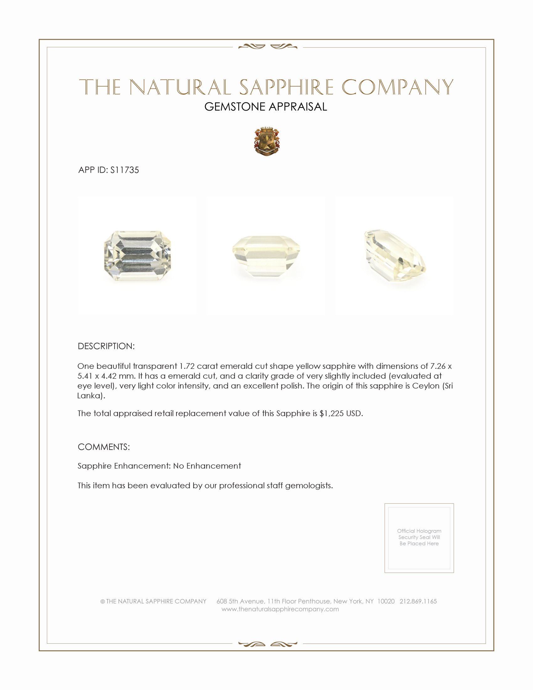 1.72 Ct. Yellow Sapphire from Ceylon (Sri Lanka)