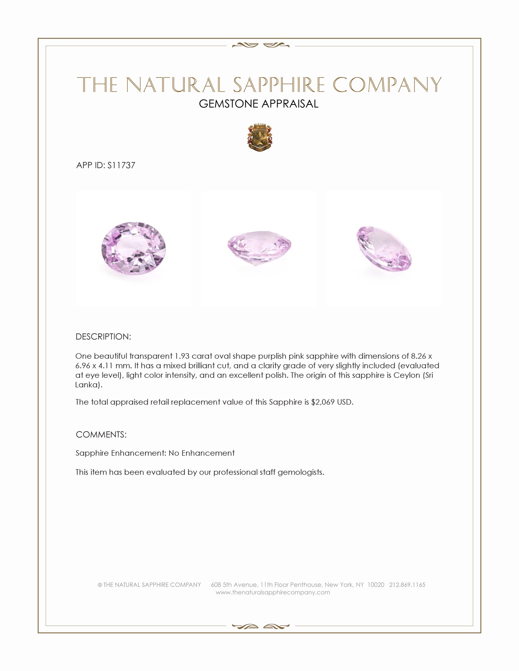 1.93 Ct. Purplish Pink Sapphire from Ceylon (Sri Lanka)