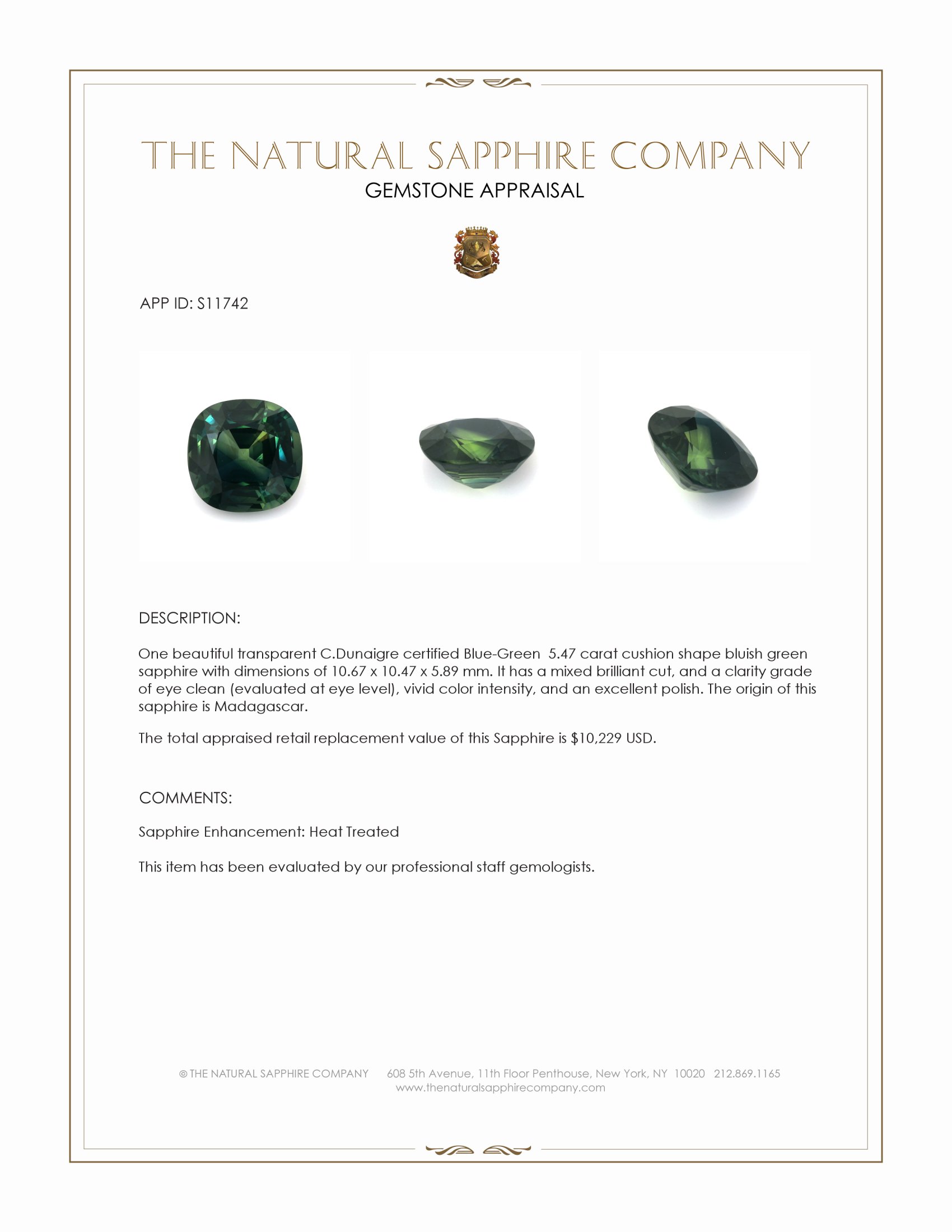 5.47 Ct. Bluish Green Sapphire from Madagascar