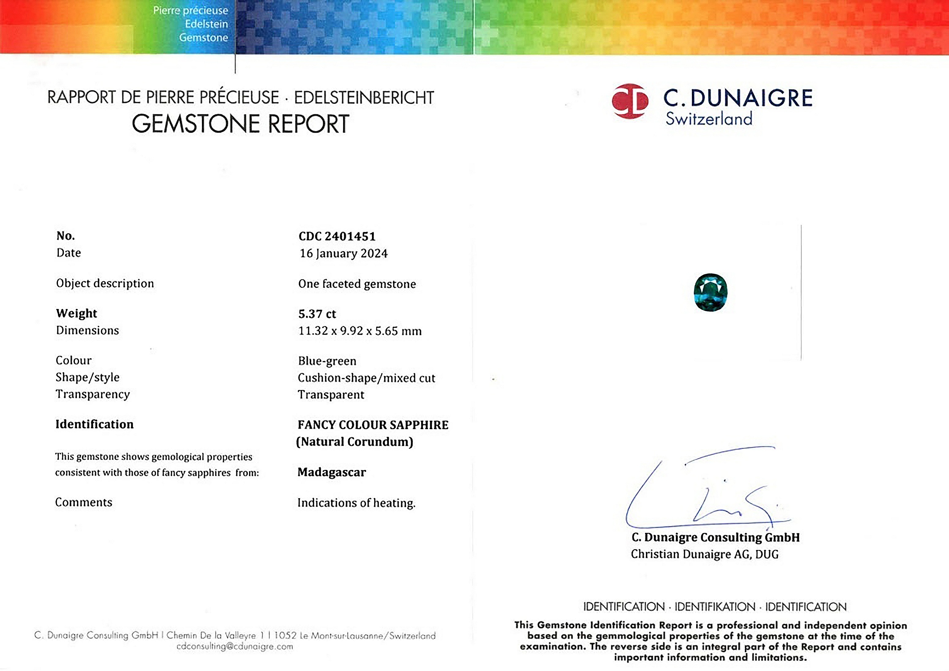 5.37 Ct. Bluish Green Sapphire from Ceylon (Sri Lanka)