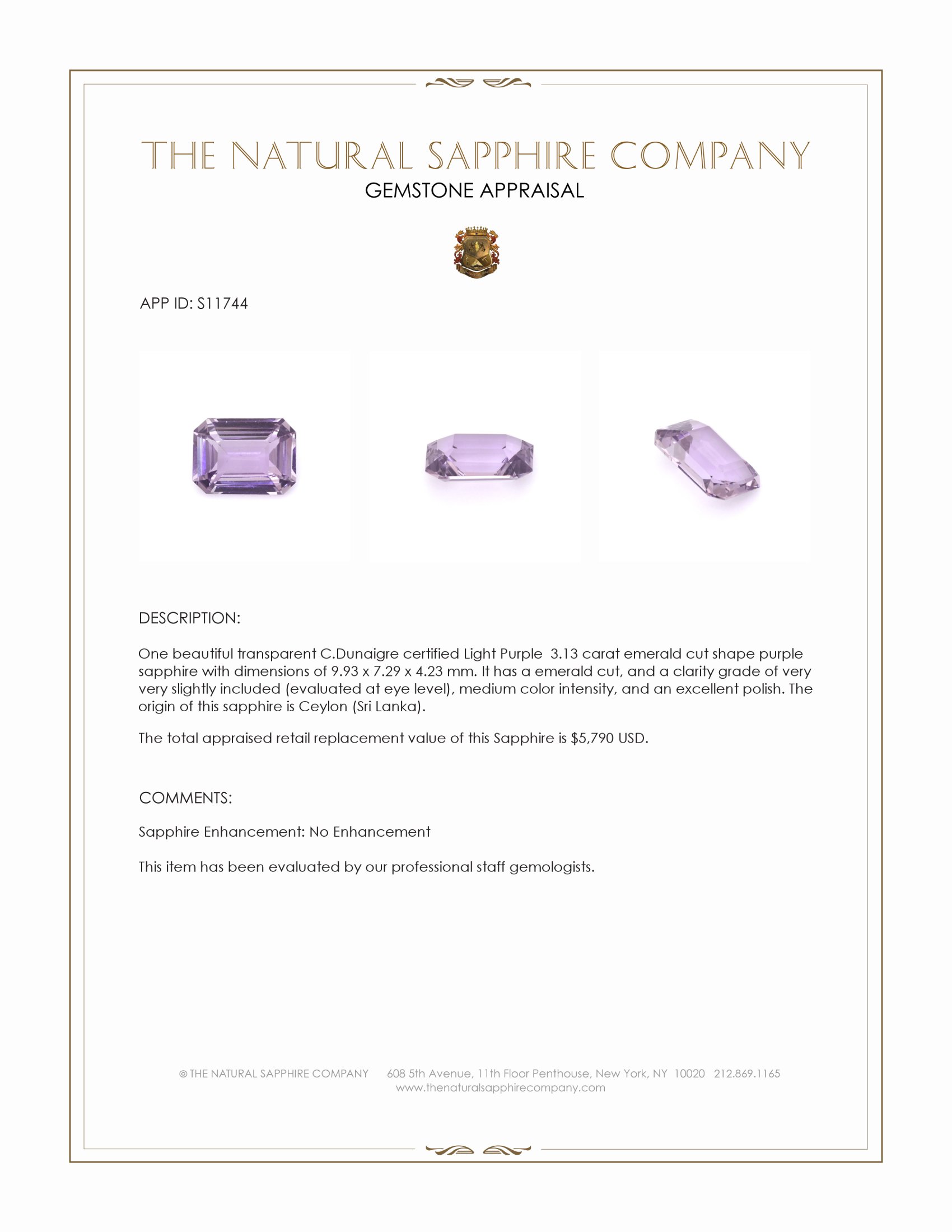 3.13 Ct. Purple Sapphire from Ceylon (Sri Lanka)