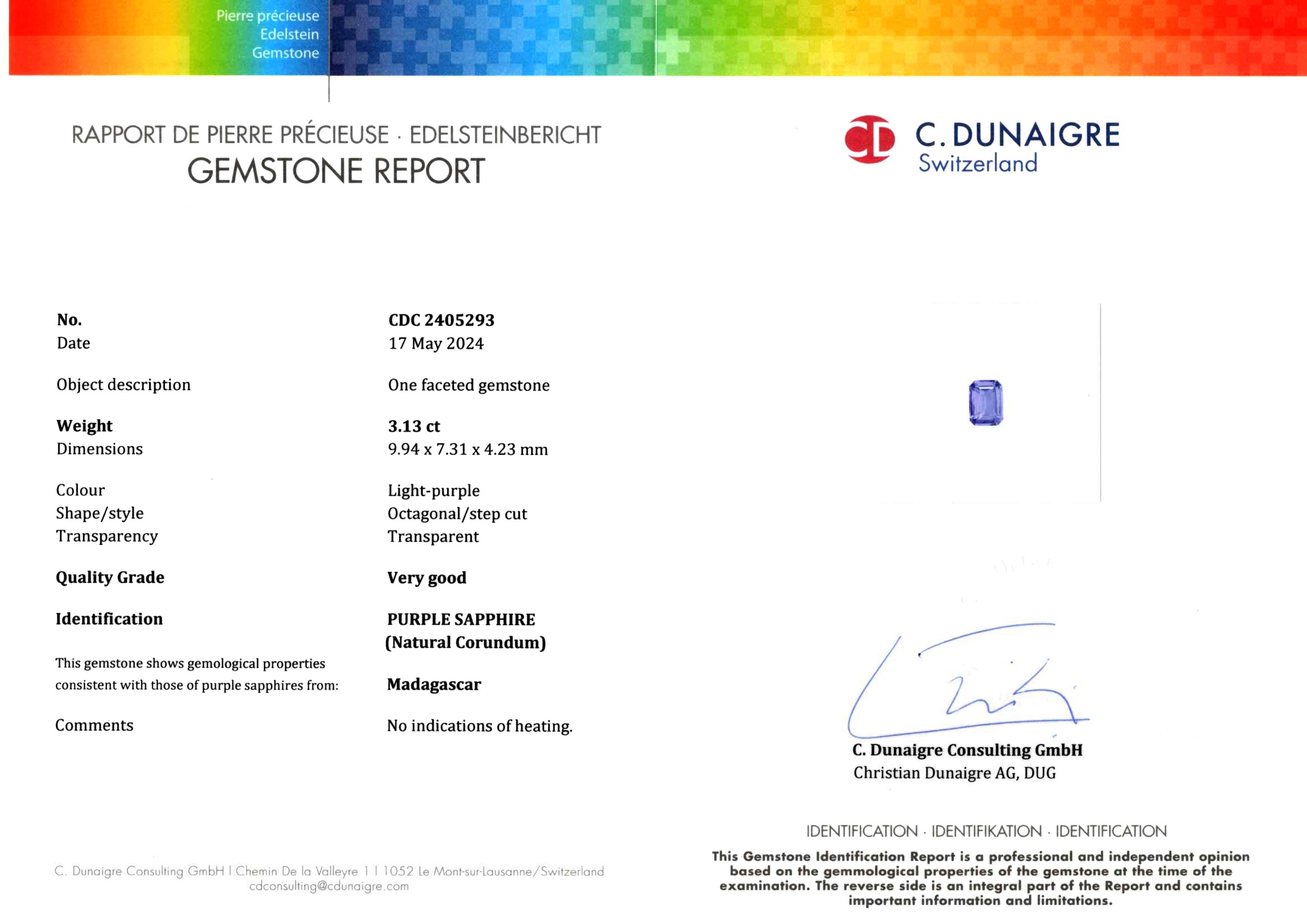 3.13 Ct. Violet Sapphire from Ceylon (Sri Lanka)