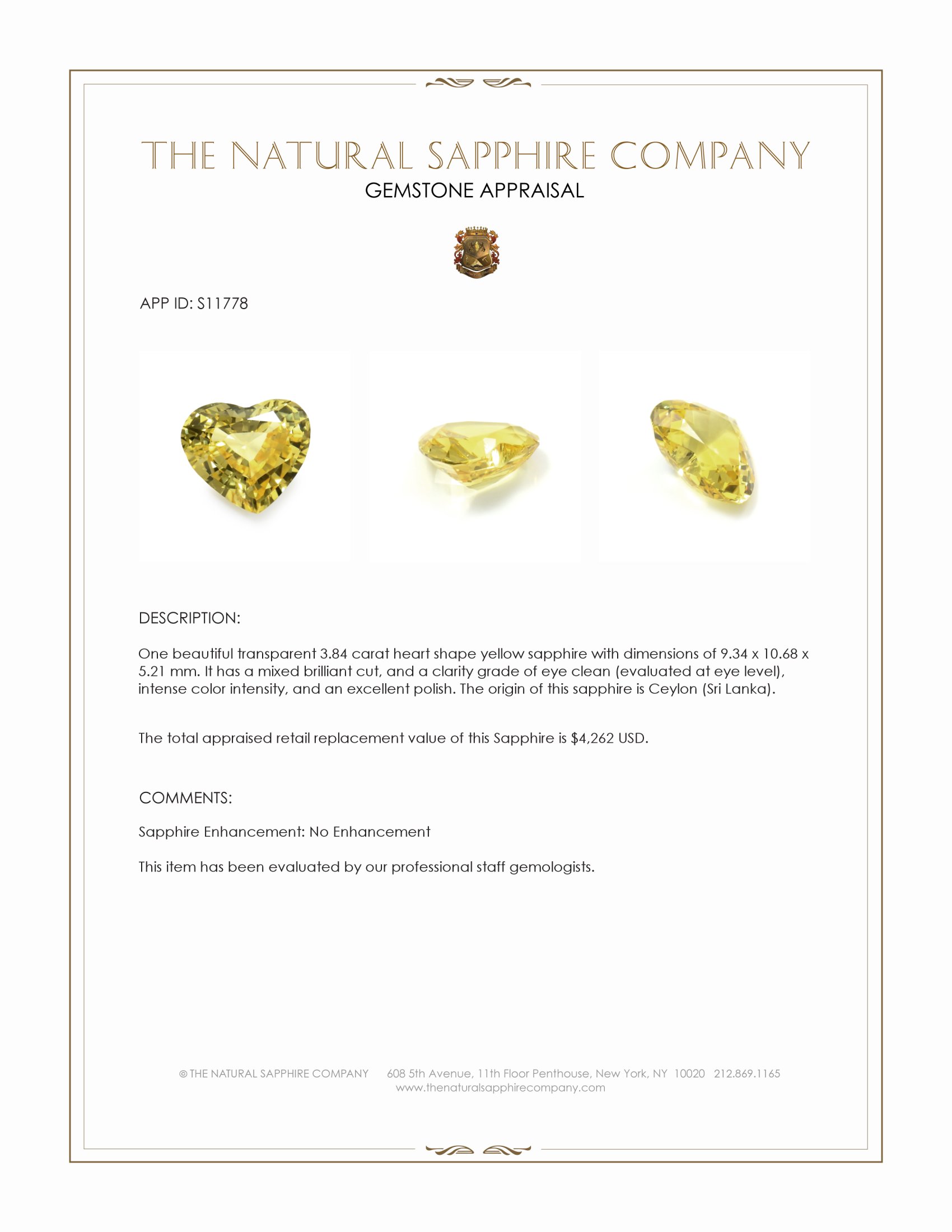 3.84 Ct. Yellow Sapphire from Ceylon (Sri Lanka)