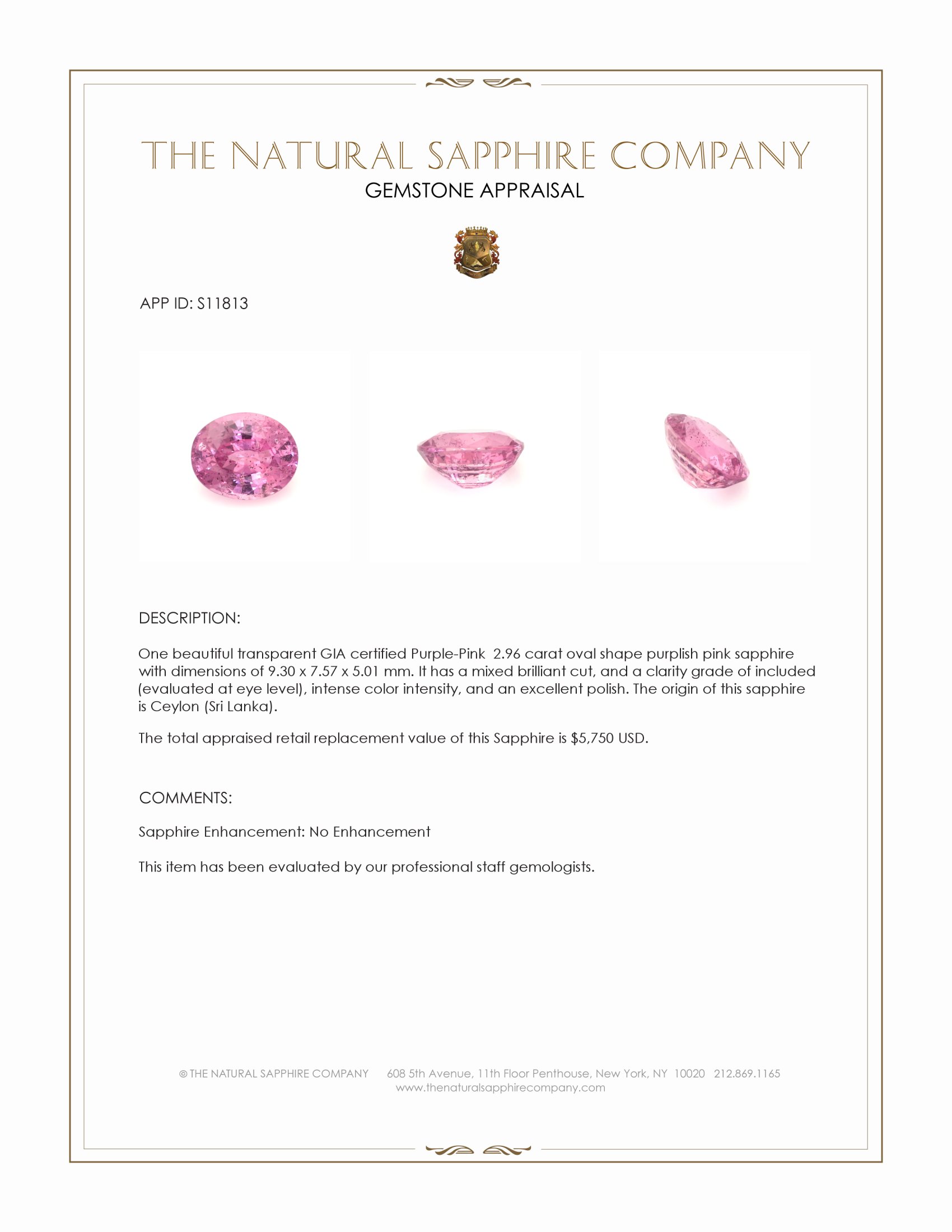 2.96 Ct. Purplish Pink Sapphire from Ceylon (Sri Lanka)