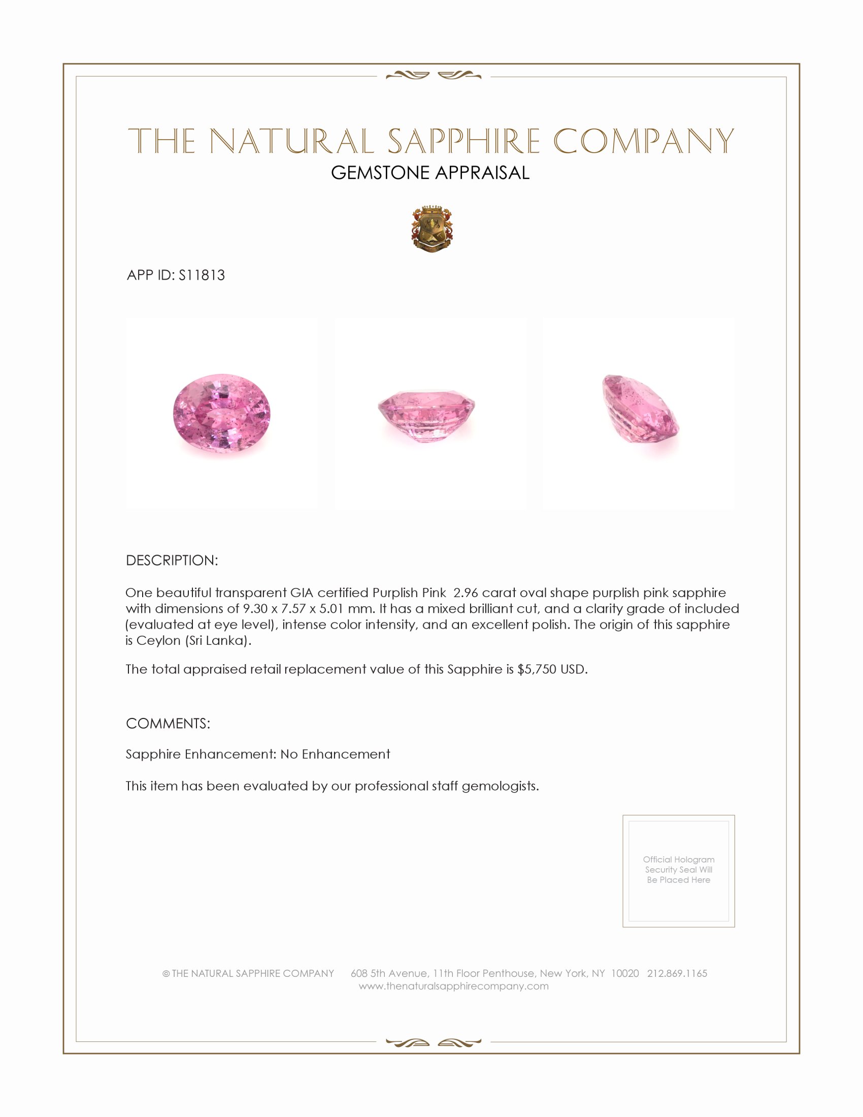 2.96 Ct. Purplish Pink Sapphire from Ceylon (Sri Lanka)