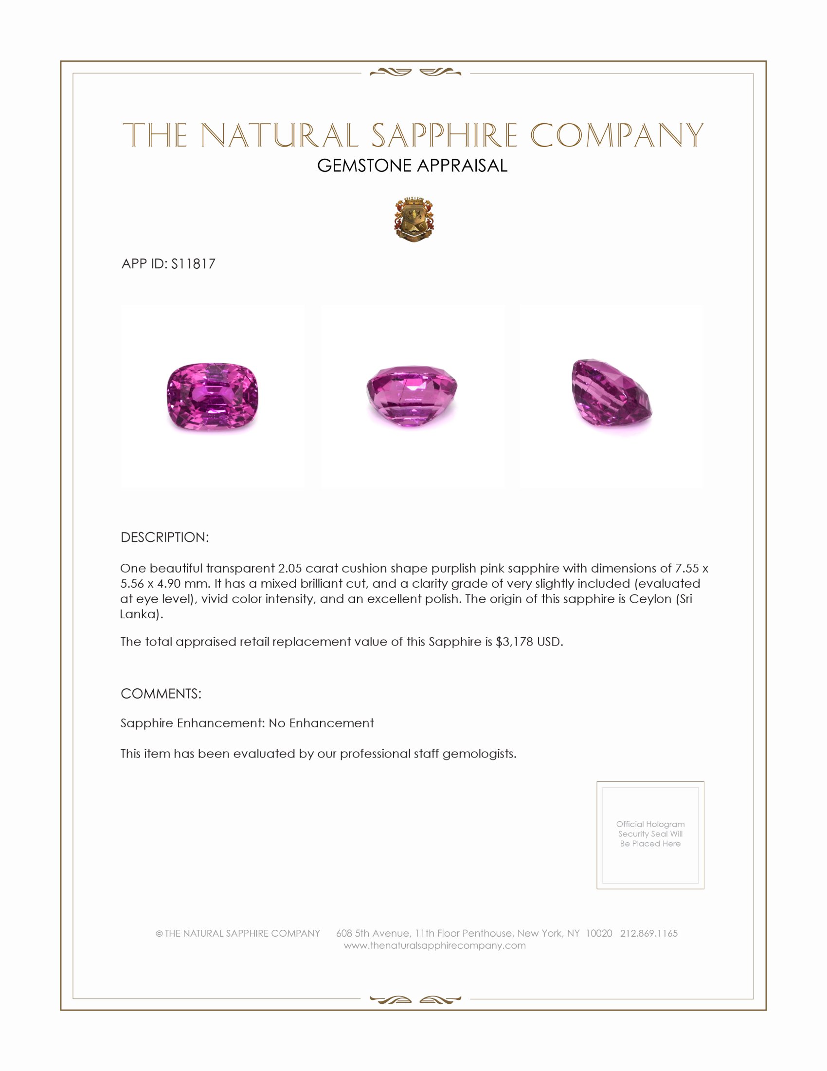 2.05 Ct. Purplish Pink Sapphire from Ceylon (Sri Lanka)