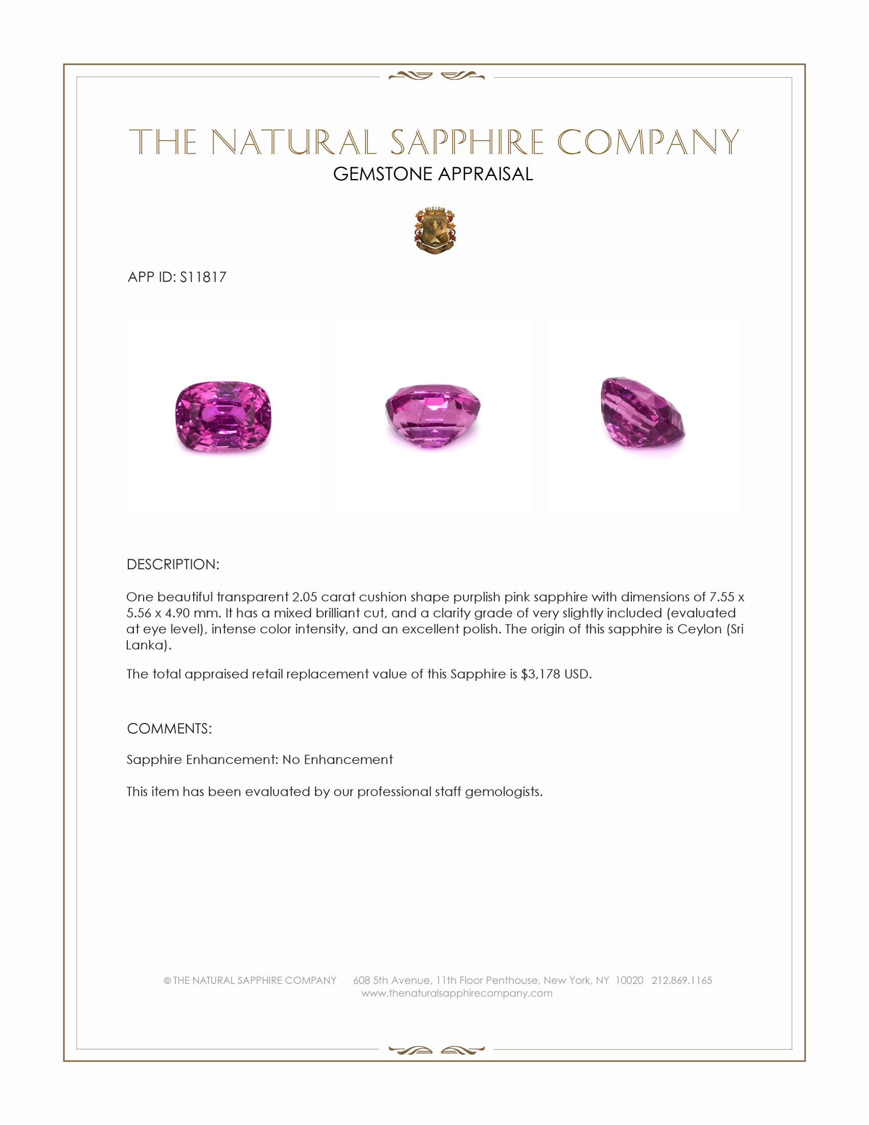 2.05 Ct. Purplish Pink Sapphire from Ceylon (Sri Lanka)