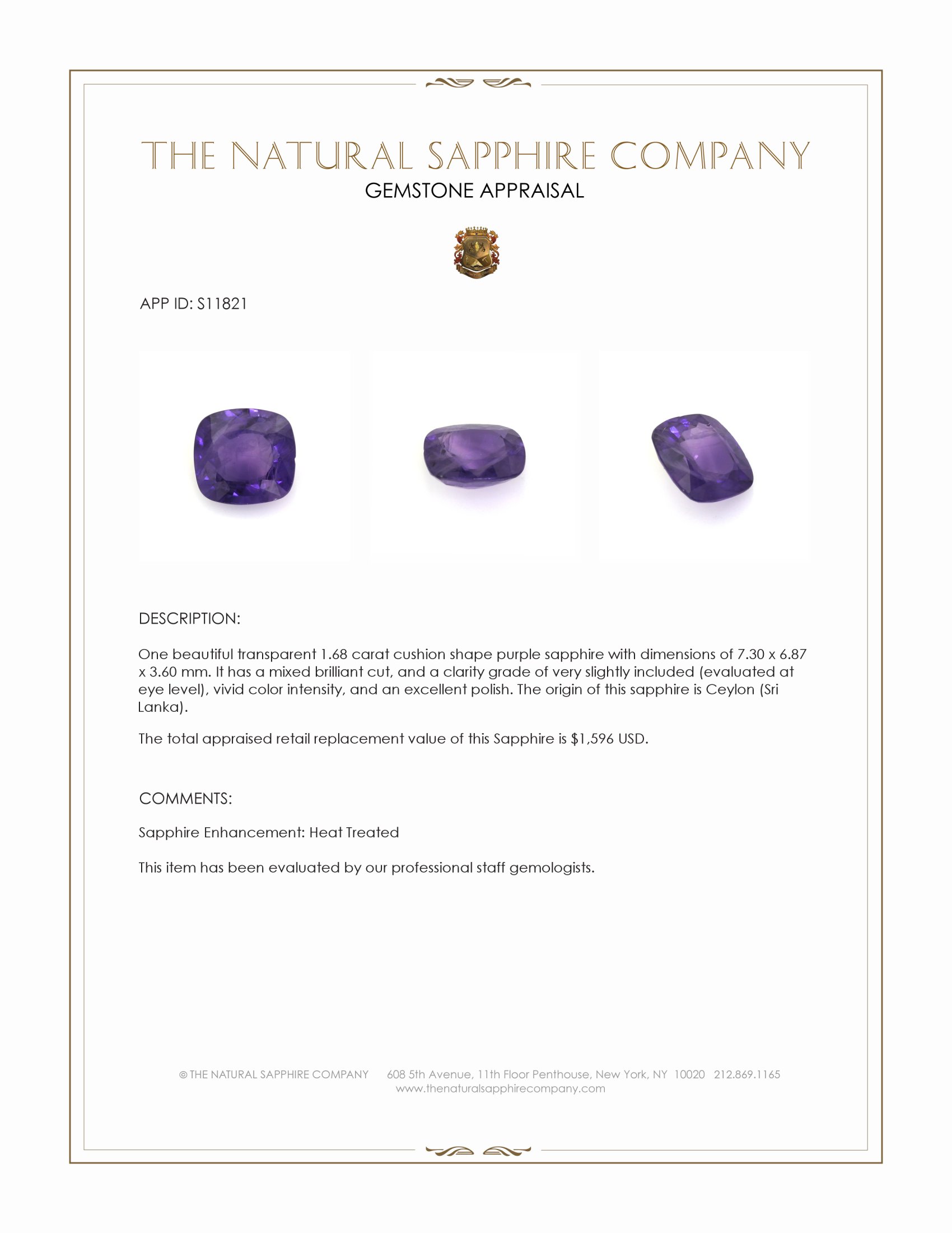 1.68 Ct. Purple Sapphire from Ceylon (Sri Lanka)