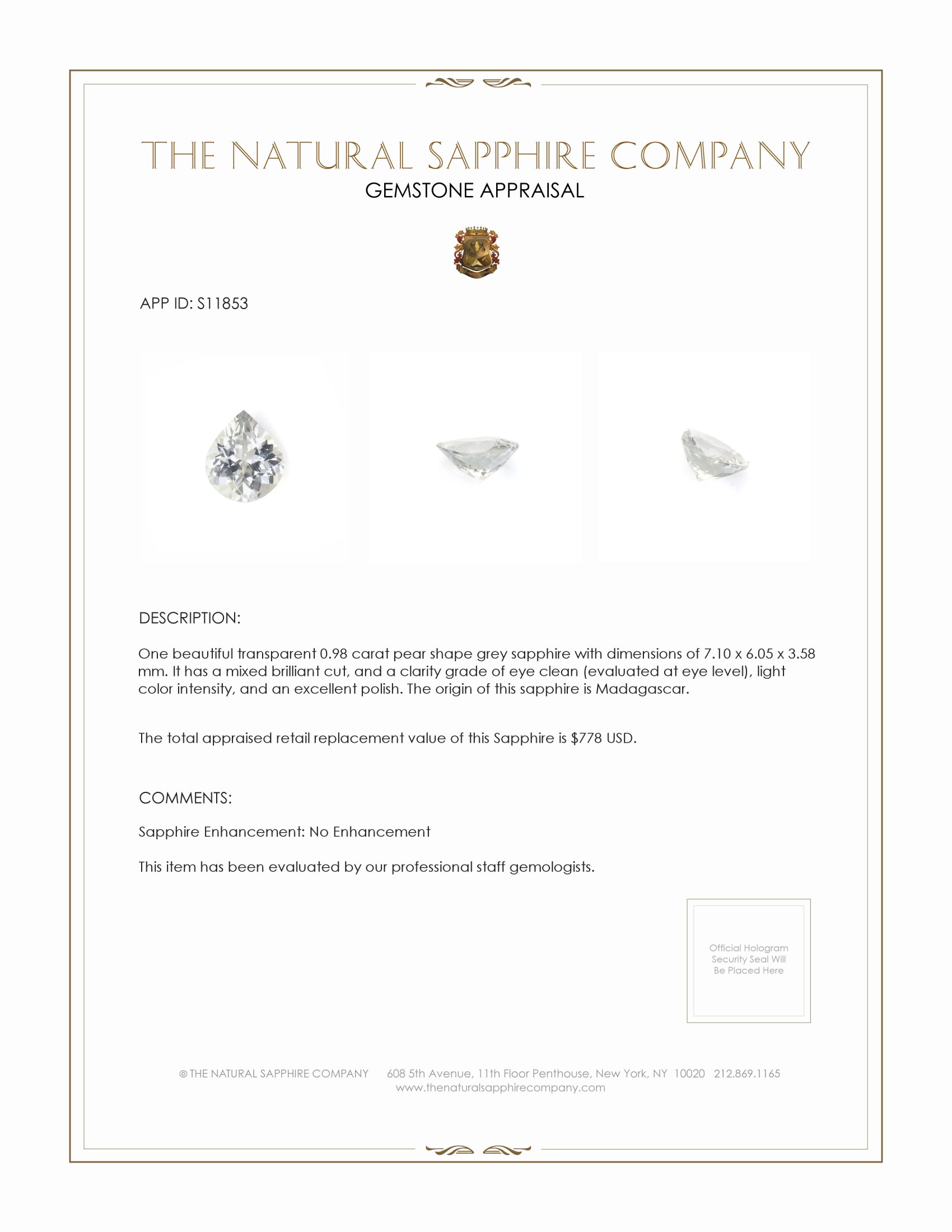 0.98 Ct. Grey Sapphire from Madagascar