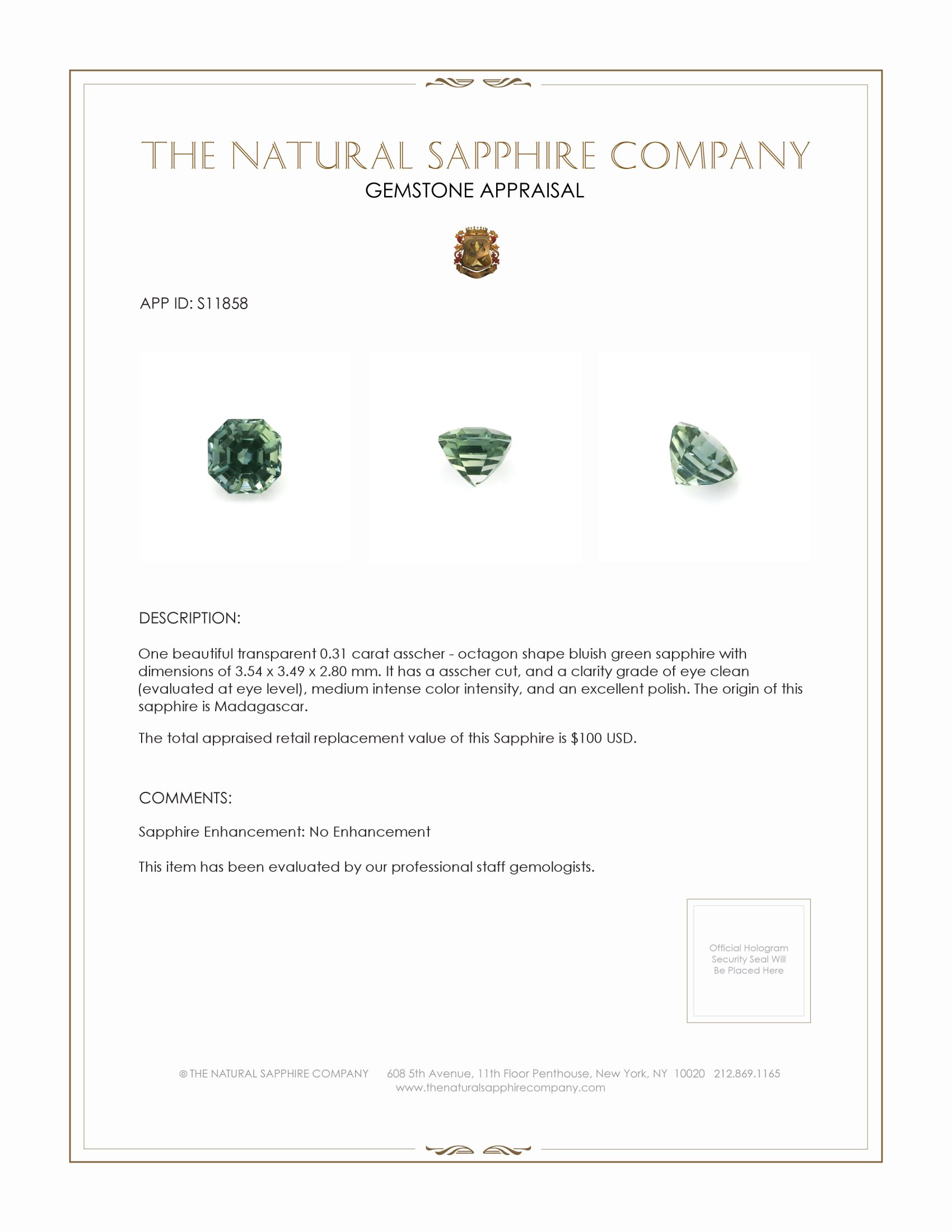 0.31 Ct. Bluish Green Sapphire from Madagascar