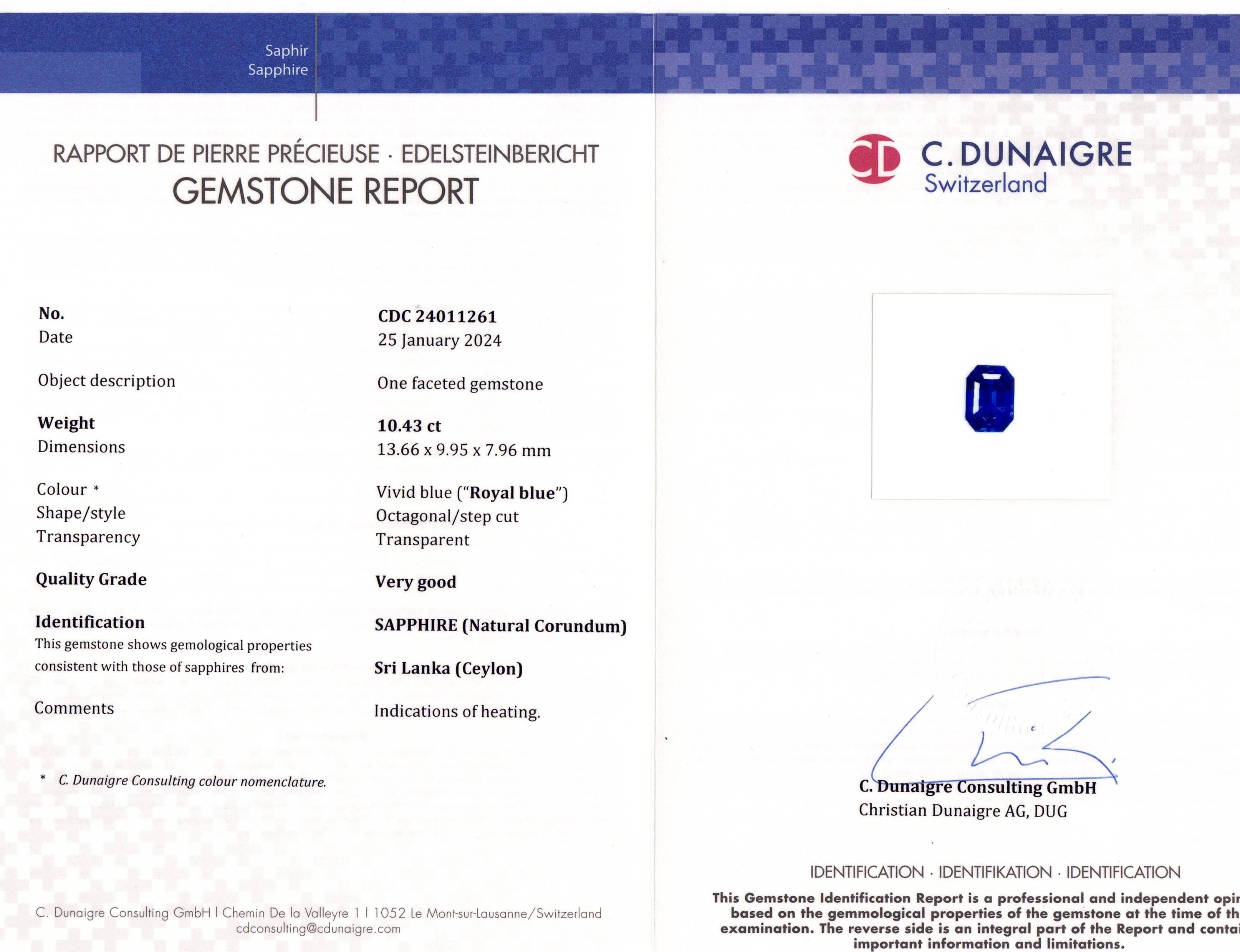 10.43 Ct. Blue Sapphire from Ceylon (Sri Lanka)