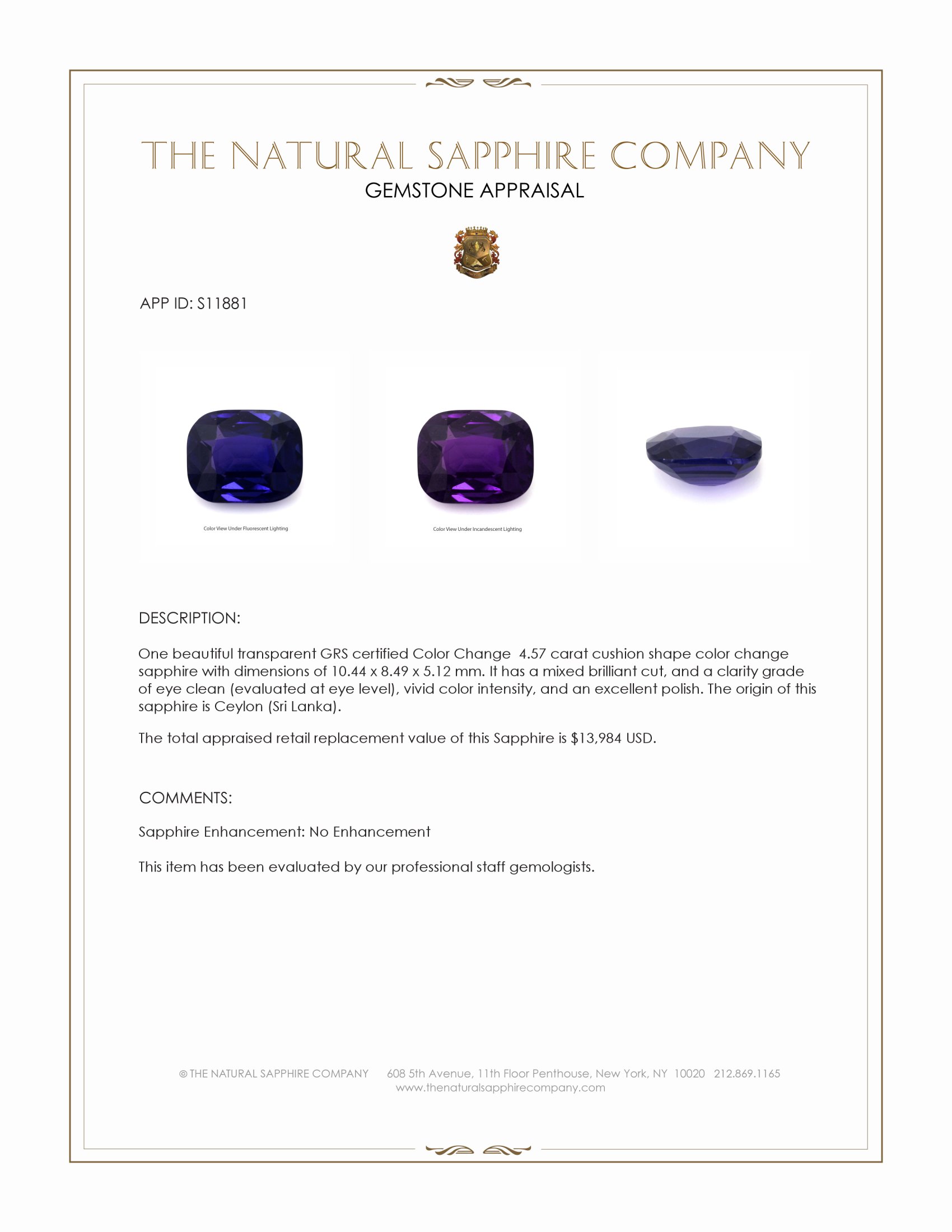 4.57 Ct. Color Change Sapphire from Ceylon (Sri Lanka)