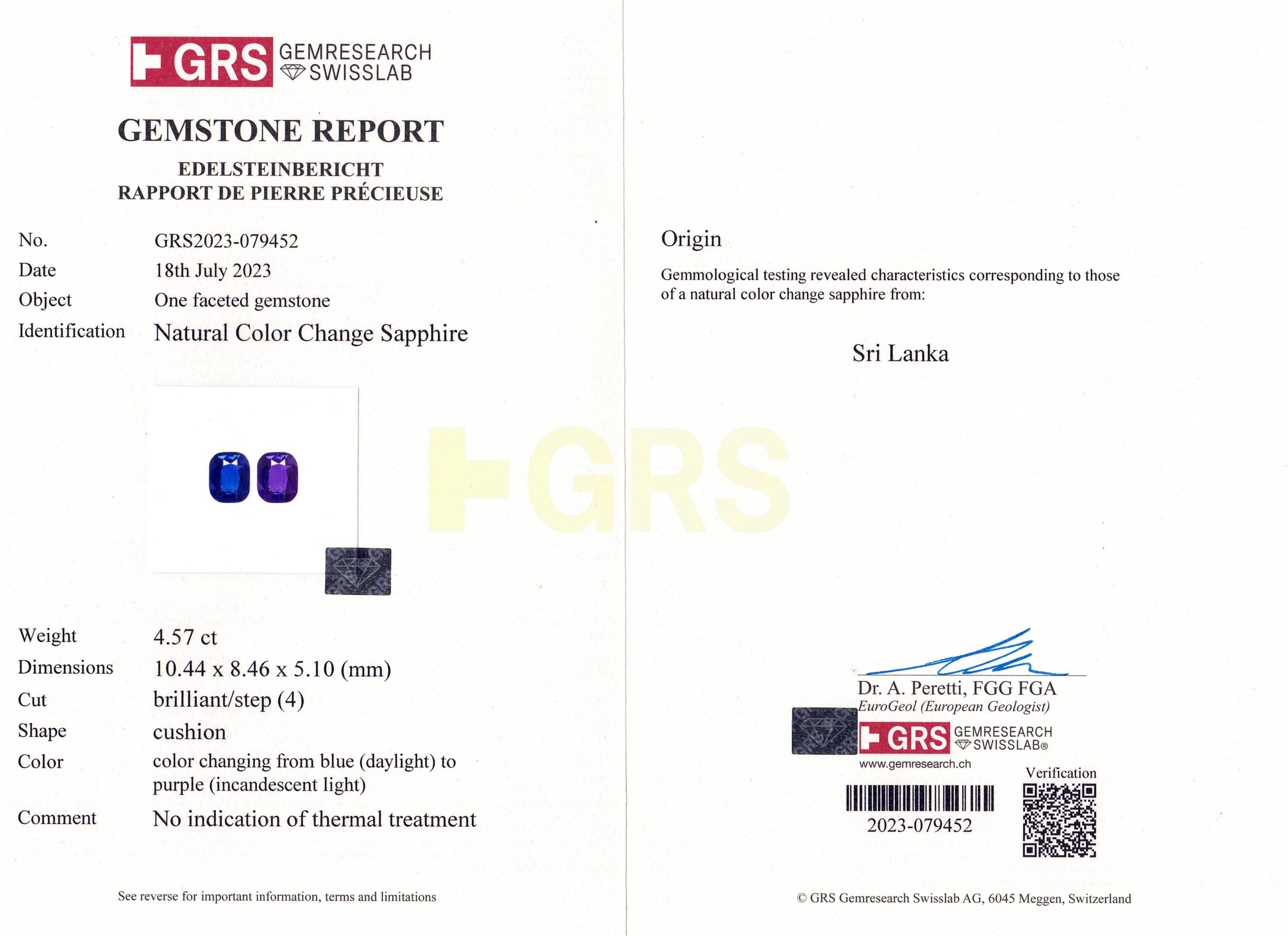 4.57 Ct. Color Change Sapphire from Ceylon (Sri Lanka)