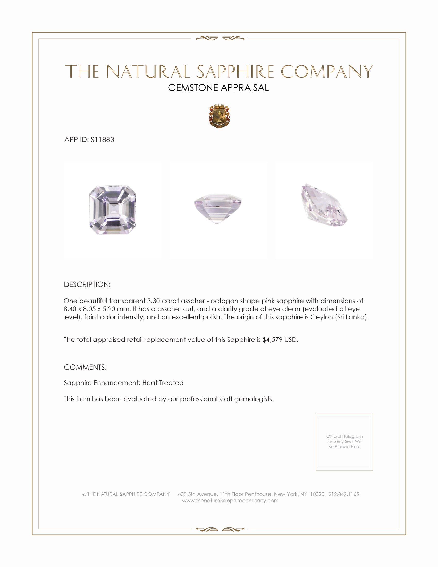 3.30 Ct. Pink Sapphire from Ceylon (Sri Lanka)