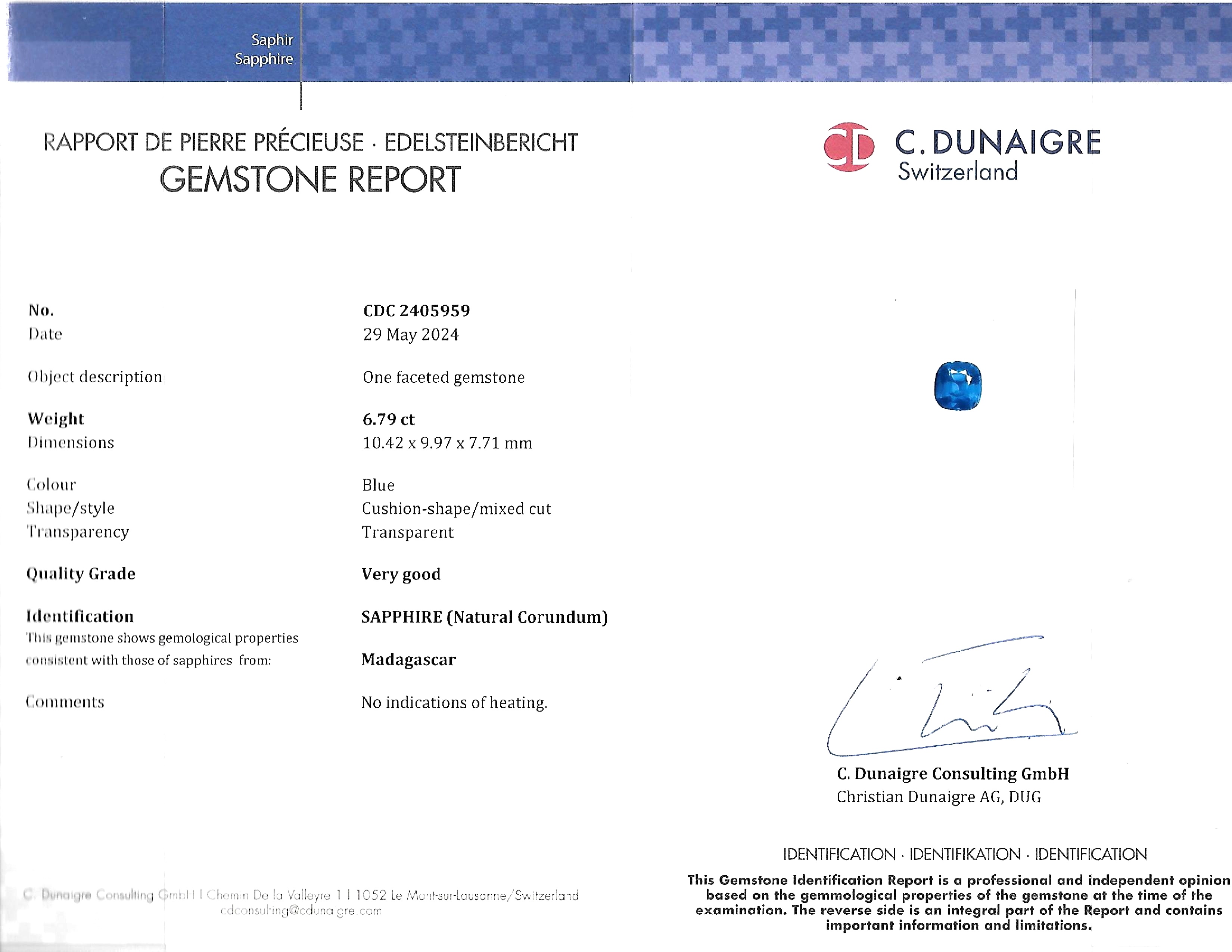 6.79 Ct. Blue Sapphire from Madagascar