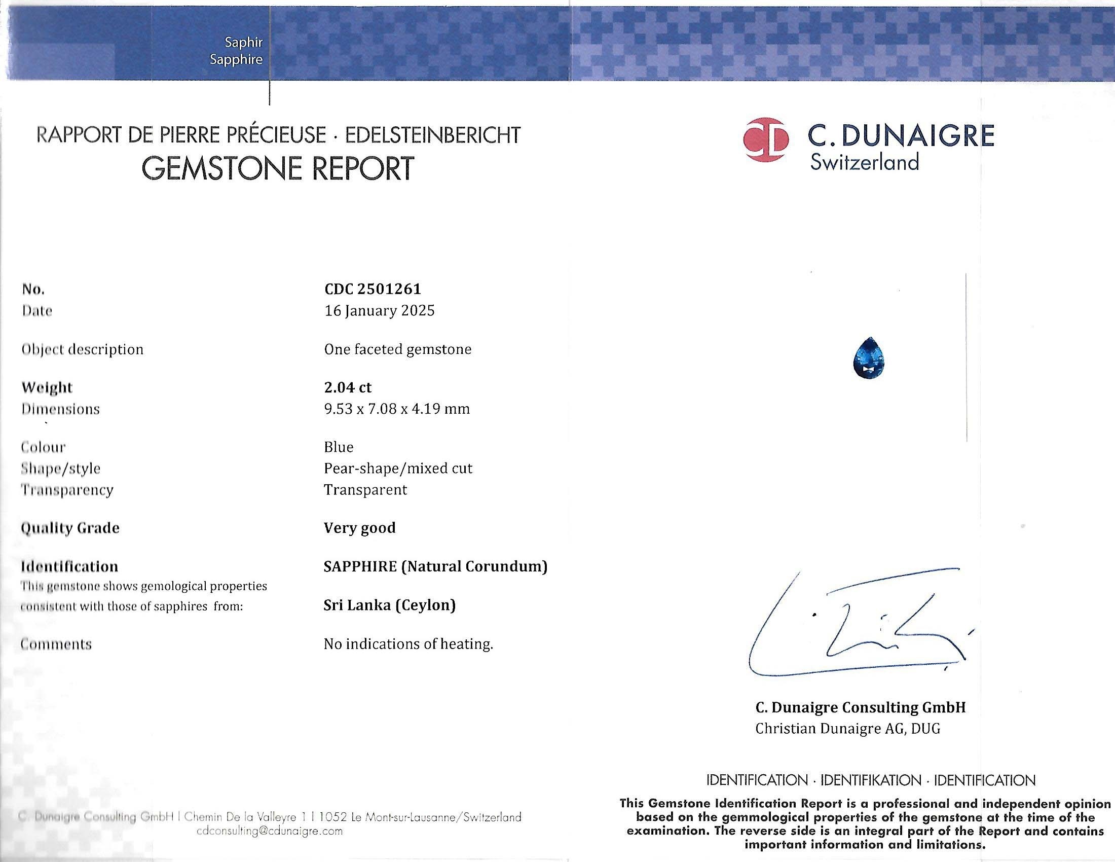 2.04 Ct. Blue Sapphire from Ceylon (Sri Lanka)