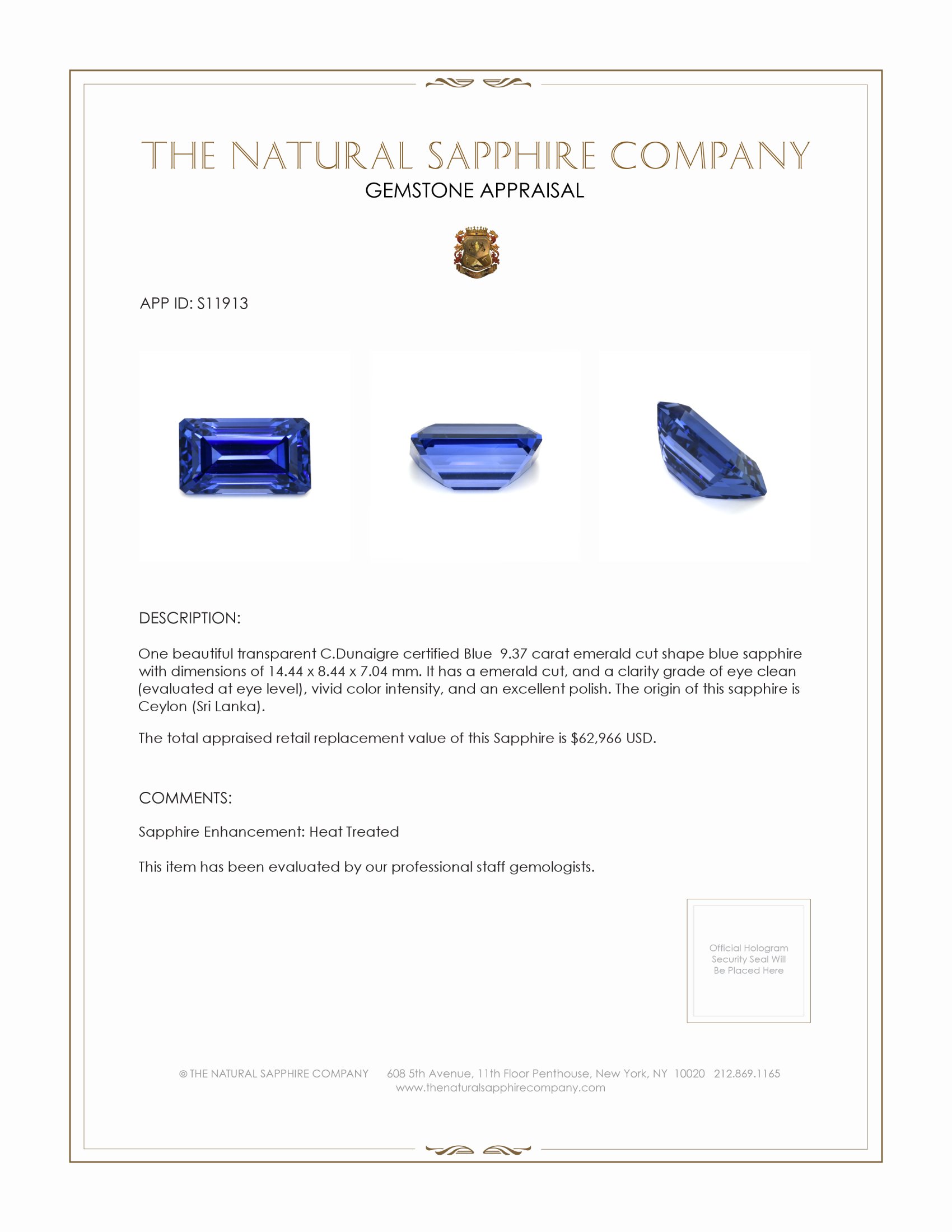 9.37 Ct. Blue Sapphire from Ceylon (Sri Lanka)