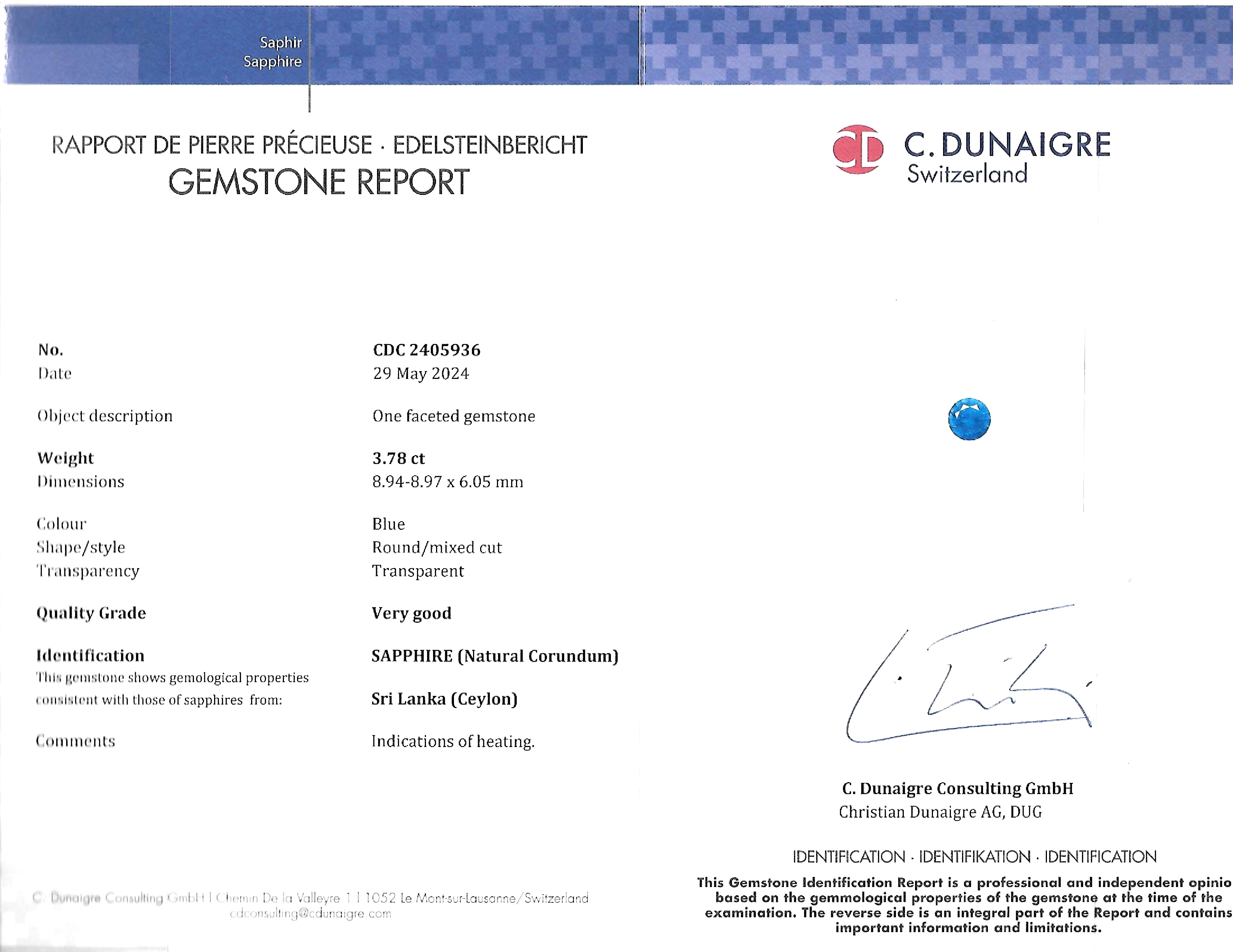 3.78 Ct. Blue Sapphire from Ceylon (Sri Lanka)