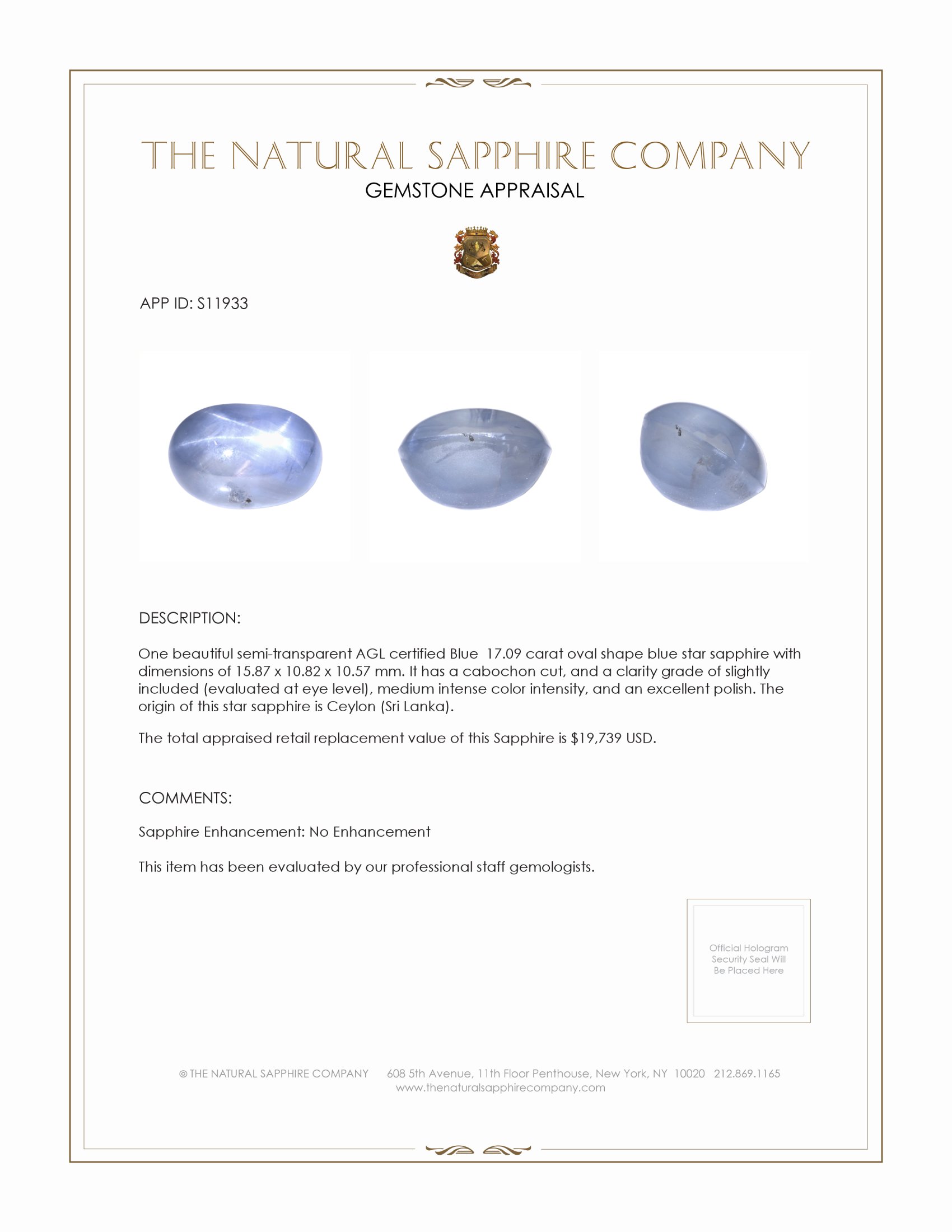 17.09 Ct. Blue Star Sapphire from Ceylon (Sri Lanka)