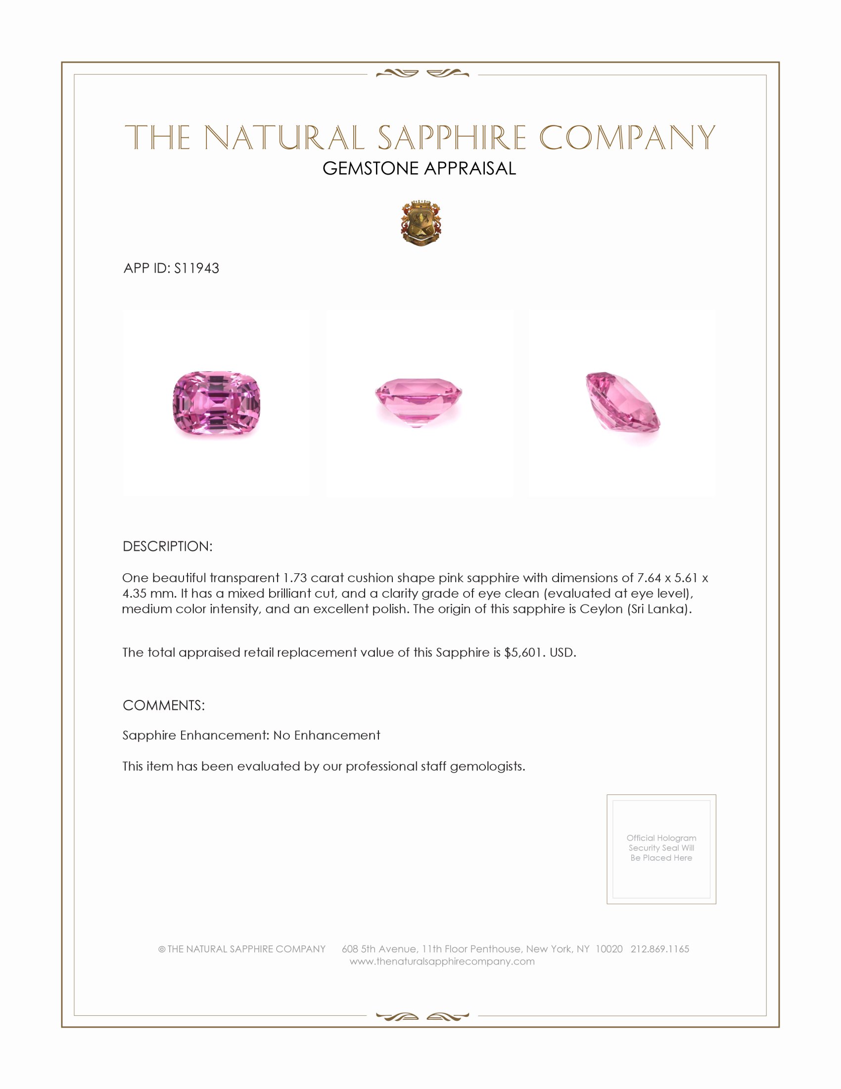 1.73 Ct. Pink Sapphire from Ceylon (Sri Lanka)