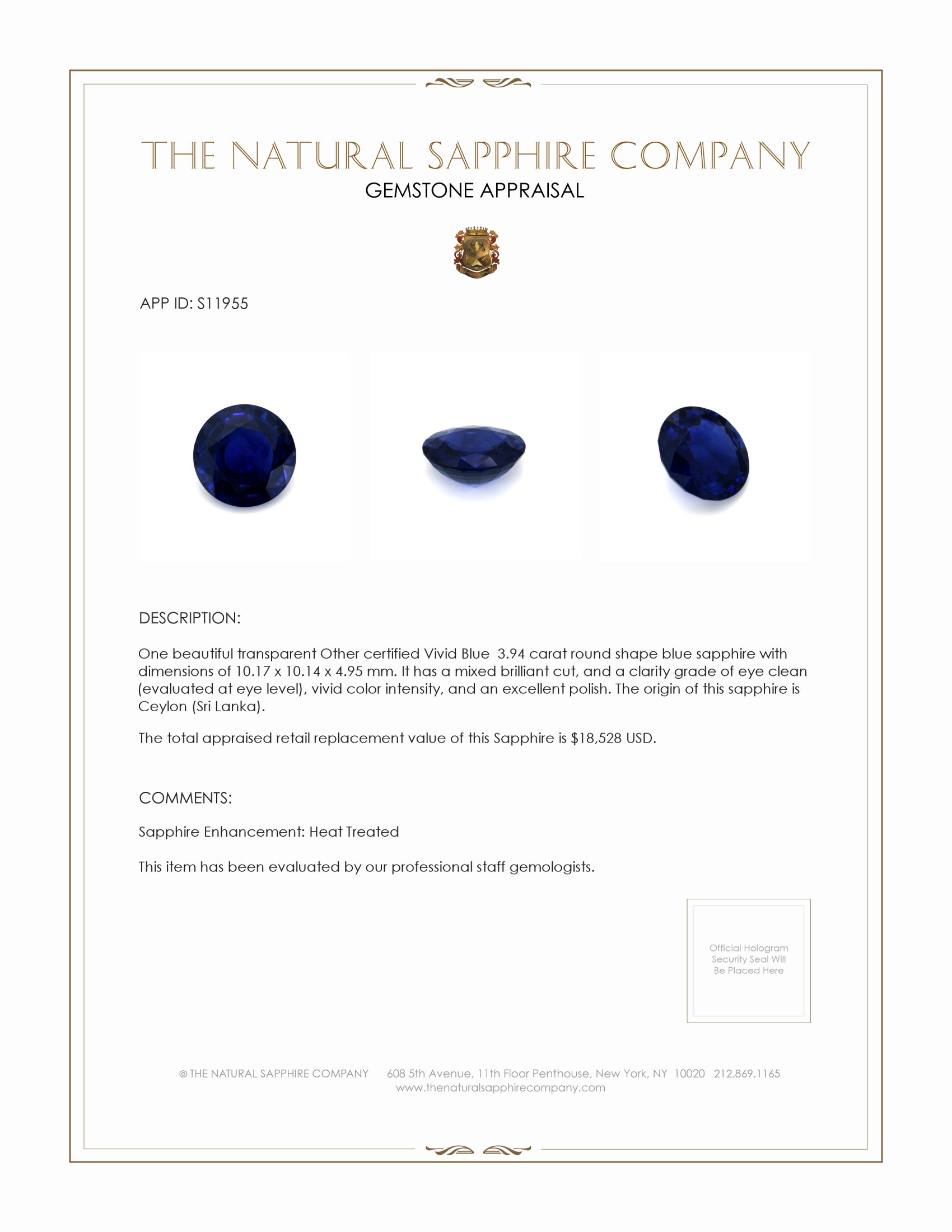 3.94 Ct. Blue Sapphire from Ceylon (Sri Lanka)