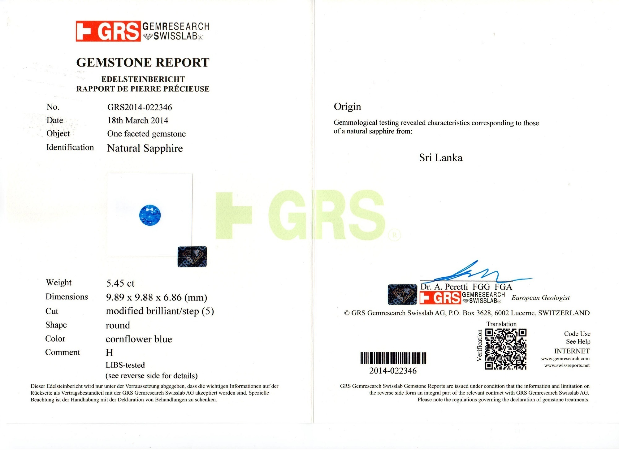 5.45 Ct. Blue Sapphire from Ceylon (Sri Lanka)