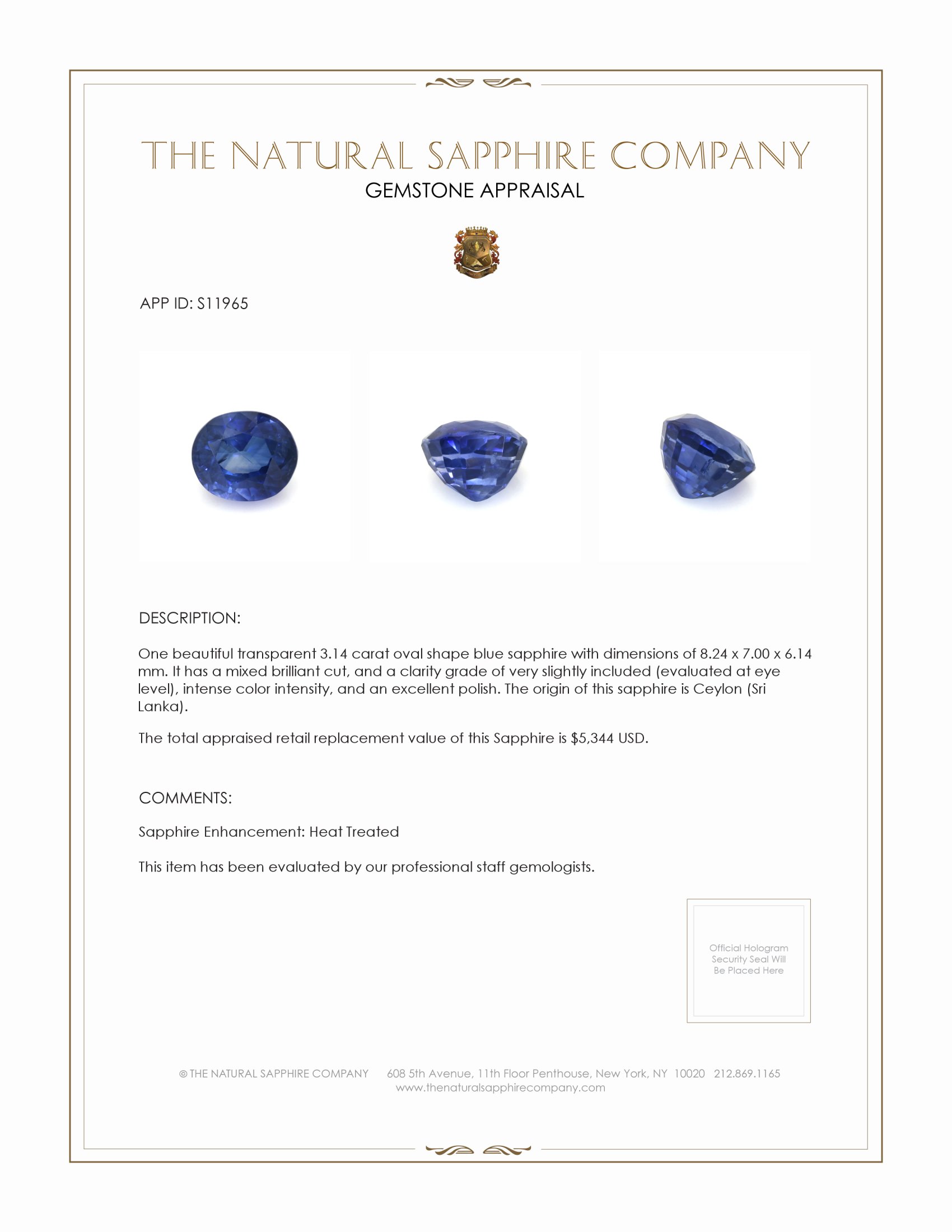 3.14 Ct. Blue Sapphire from Ceylon (Sri Lanka)