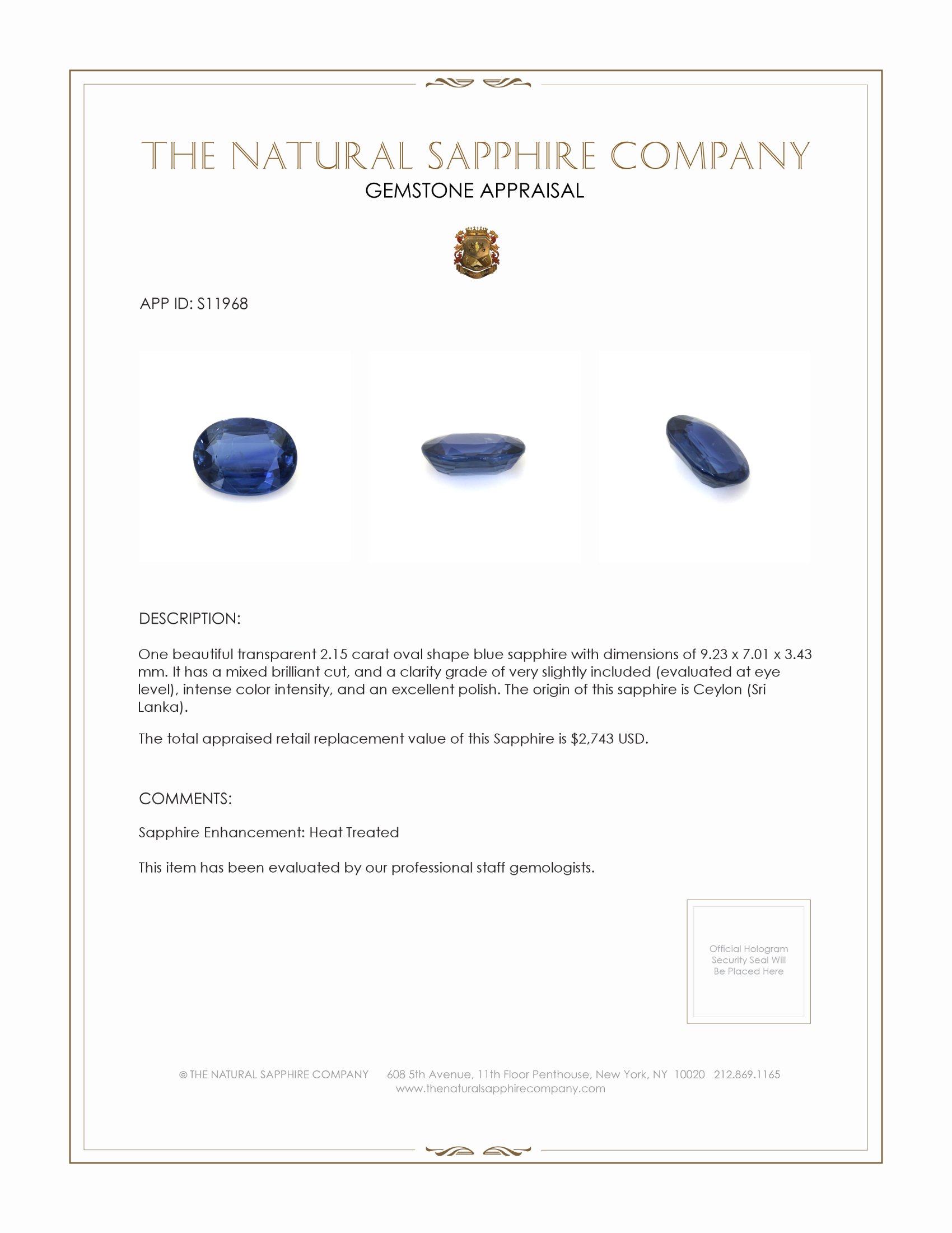 2.15 Ct. Blue Sapphire from Ceylon (Sri Lanka)