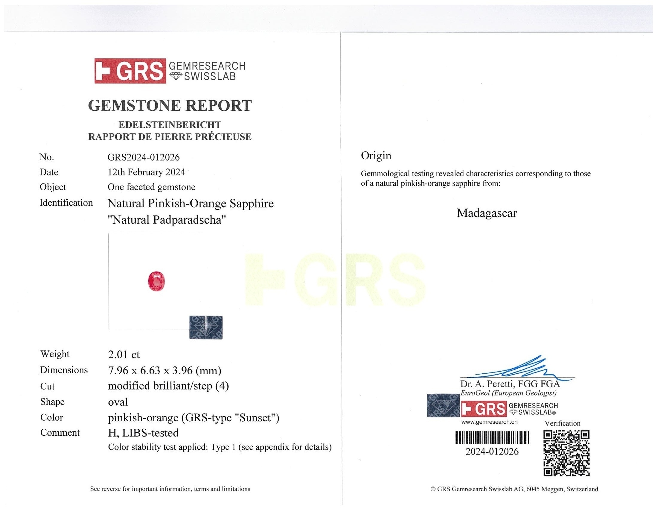 2.01 Ct. Padparadscha Sapphire from Madagascar