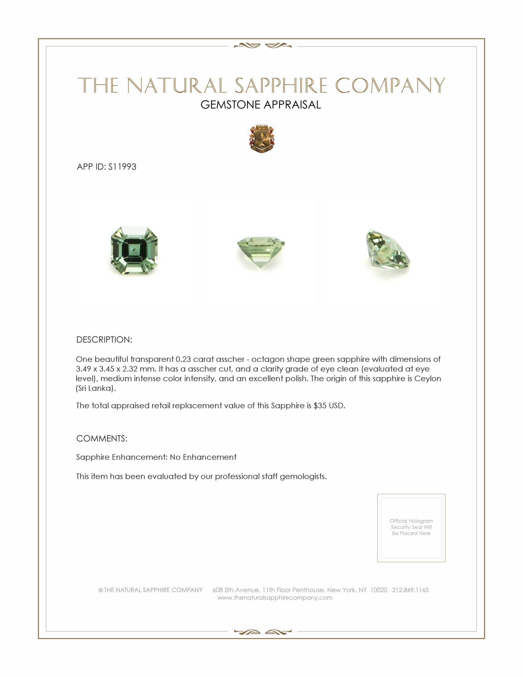 0.23 Ct. Green Sapphire from Ceylon (Sri Lanka)