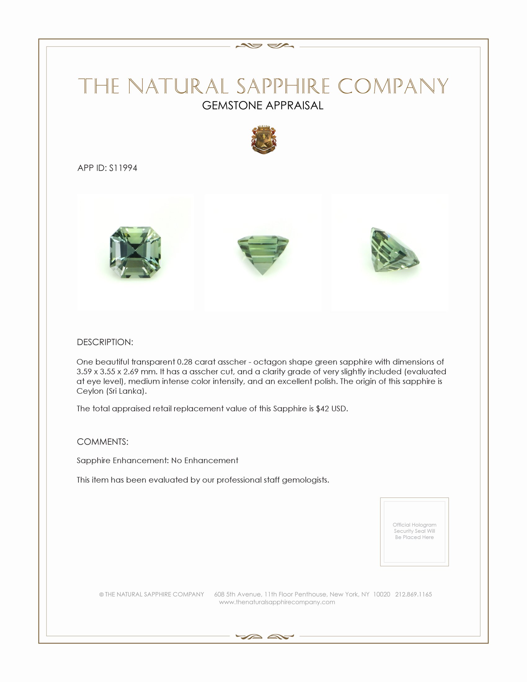 0.28 Ct. Green Sapphire from Ceylon (Sri Lanka)