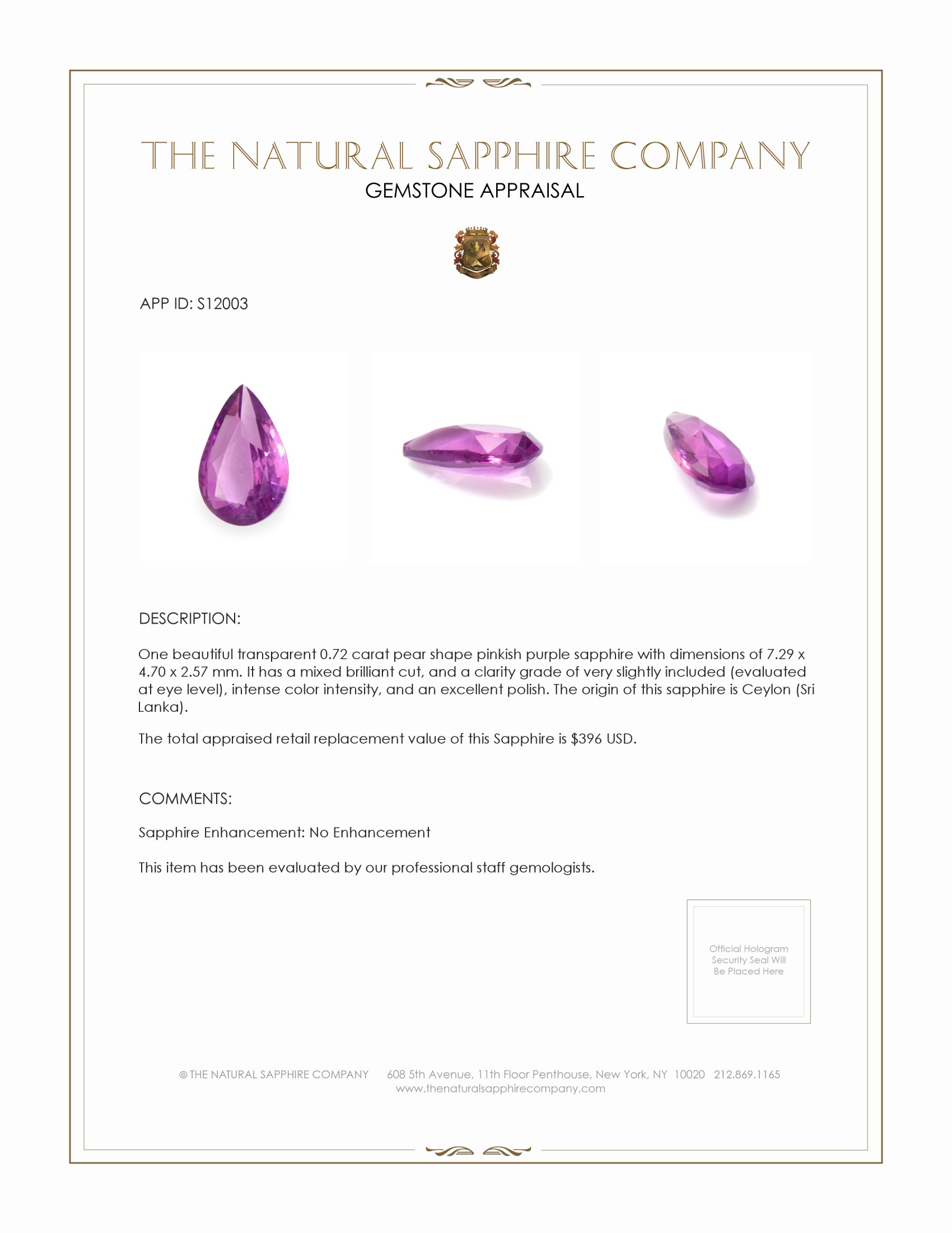 0.72 Ct. Pinkish Purple Sapphire from Ceylon (Sri Lanka)