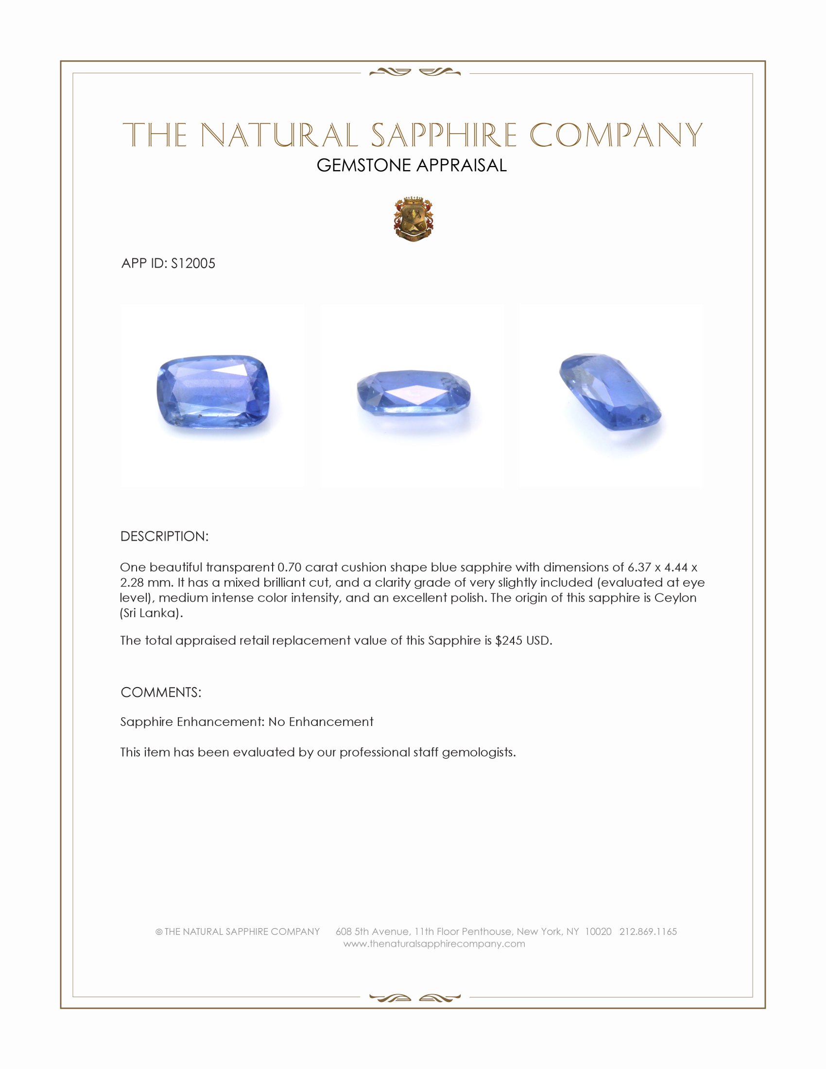 0.70 Ct. Blue Sapphire from Ceylon (Sri Lanka)